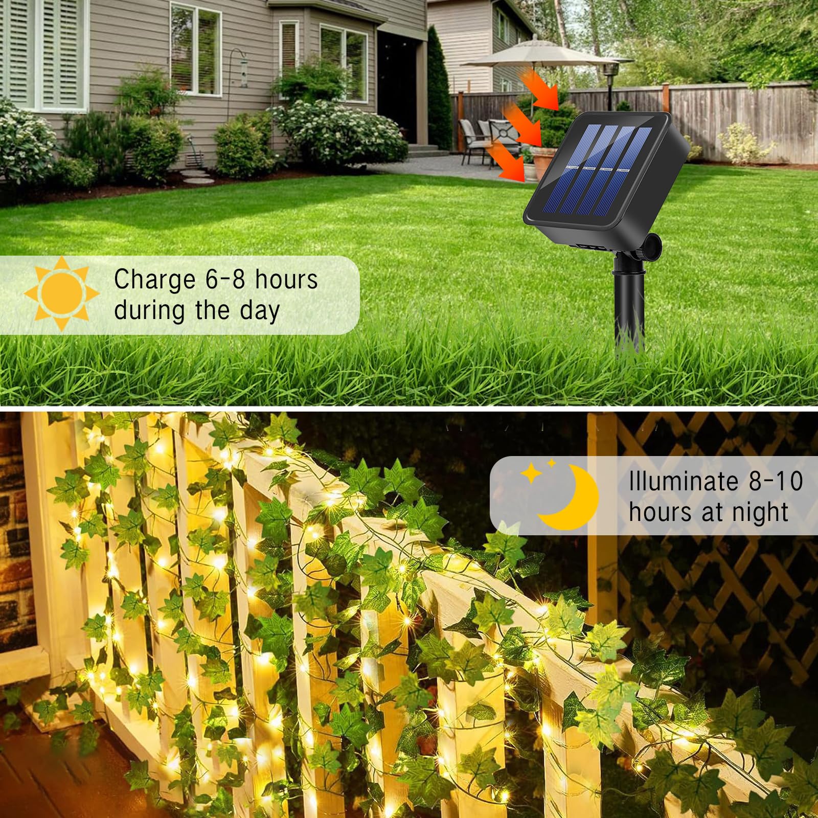 Guirlande Lumineuse Solaire Extérieure 12 M – 120 LEDs Lierre Artificiel, 8 Modes, étanche IP65, Automatique - 13