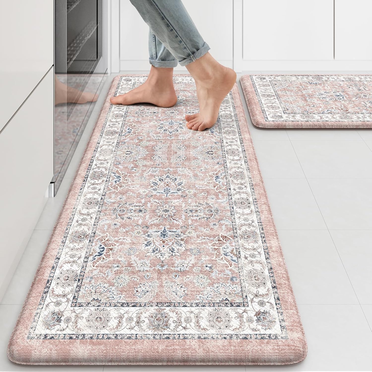 KIMODE Anti Fatigue Mats for Kitchen Floor, Boho Floral Kitchen Rugs Sets of 2, Cushioned Kitchen Floor Mats, Comfort Standing Desk Mat for Sink, Laundry, Desk Pink Multi 17"x29.5"+17" x47”