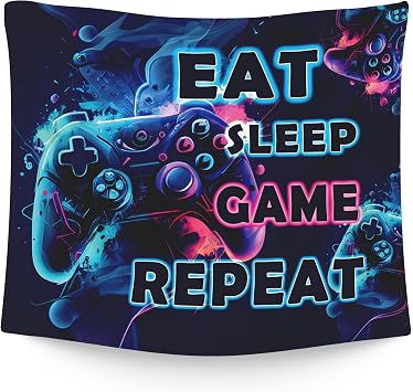 WAITPI Game Gamer Gaming Room Hanging Wall Tapestry Decor for Boys Bedroom, Cool Black Video Eat Sleep Game Repeat Wall Hanging Room Decor Tapestries for Boys Room Playroom Dorm 50x60 inch