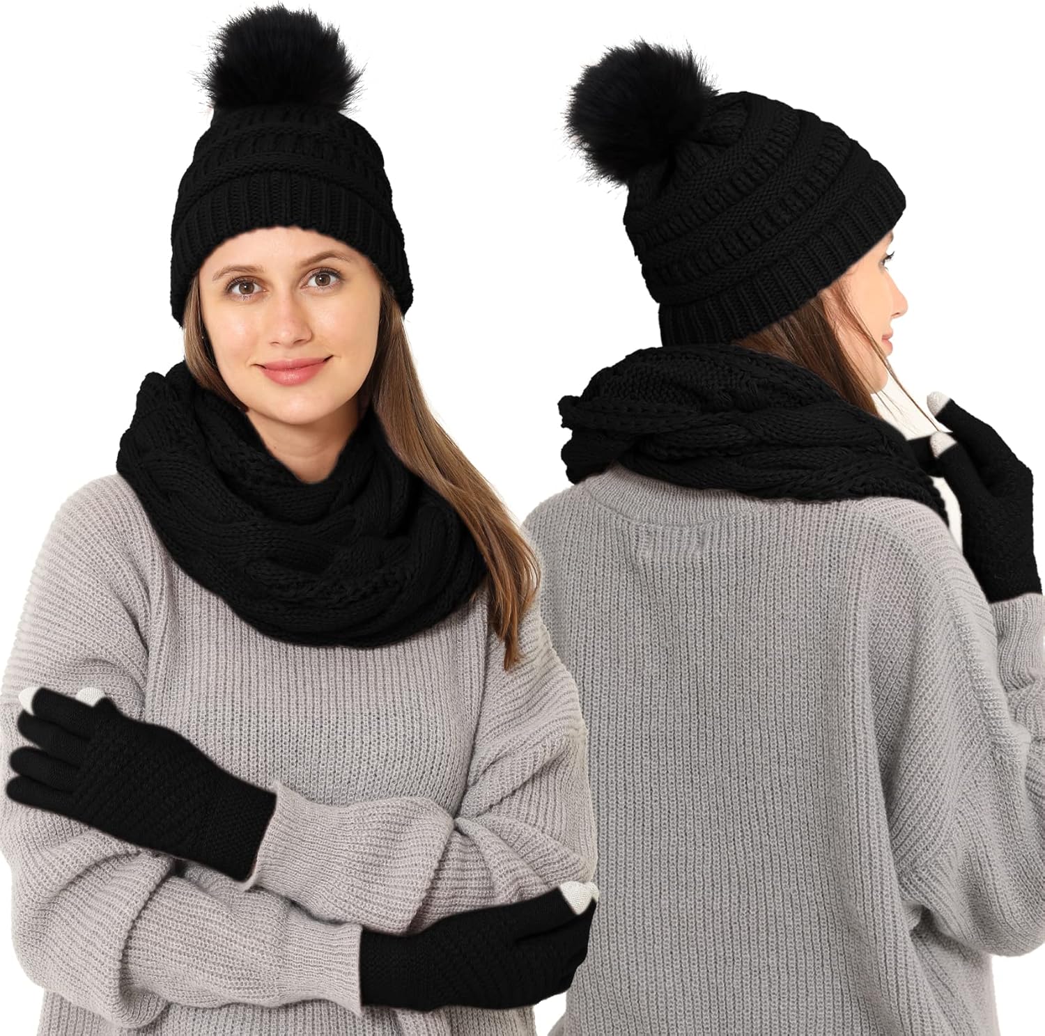 Double Couple 3pcs Winter Beanie Hat Scarf and Touch Screen Gloves Set for Women Knit Hat with Faux Fur Ball Scarves Glove - Image 6