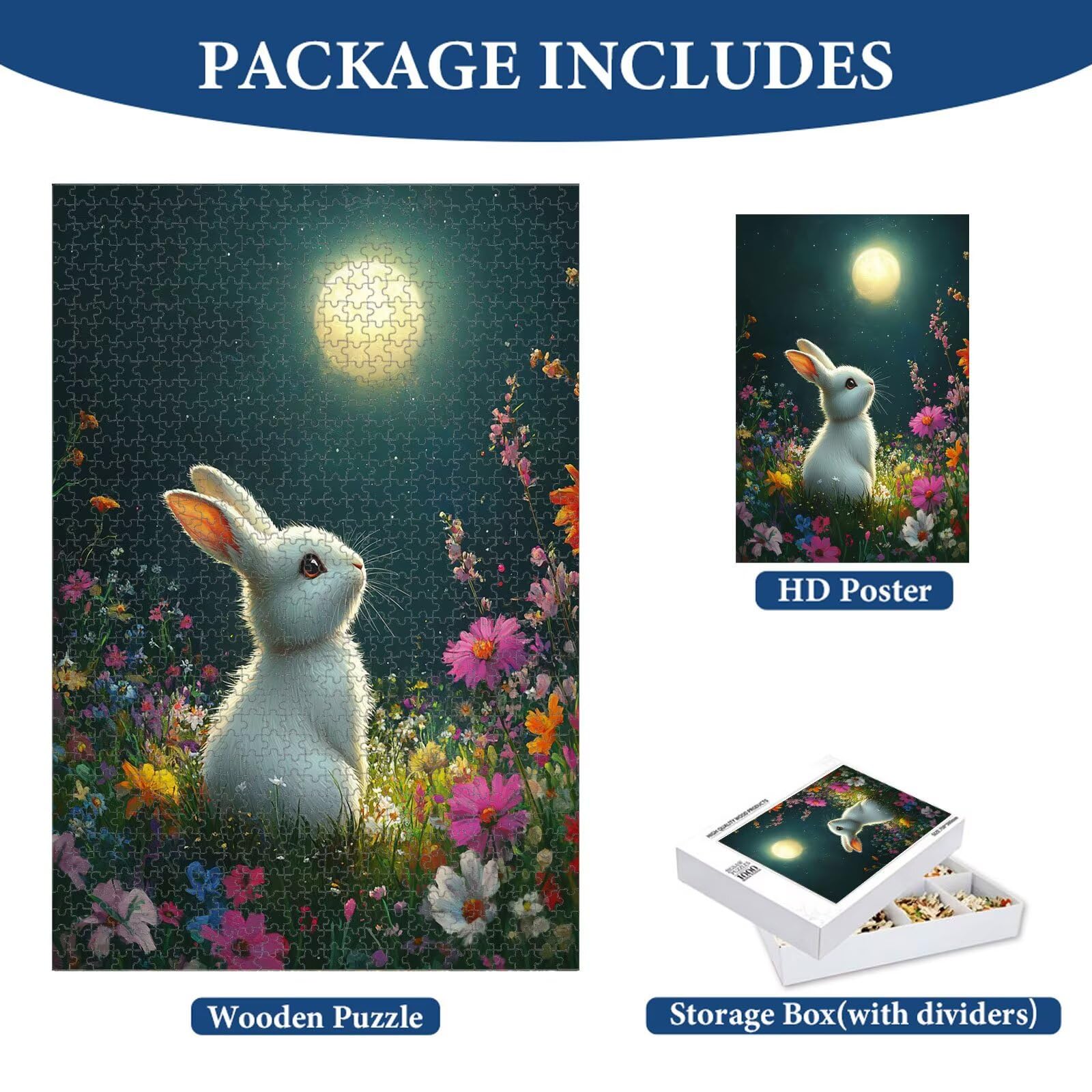1000 elementów, puzzle dla dorosłych, królik i kwiaty, drewniane puzzle 1T#2294 | Drewniana konstrukcja, precyzyjne cięcie, jasne kolory, statyczne hobby, relaks, dekoracja domu, prezent, 50 x 75 cm