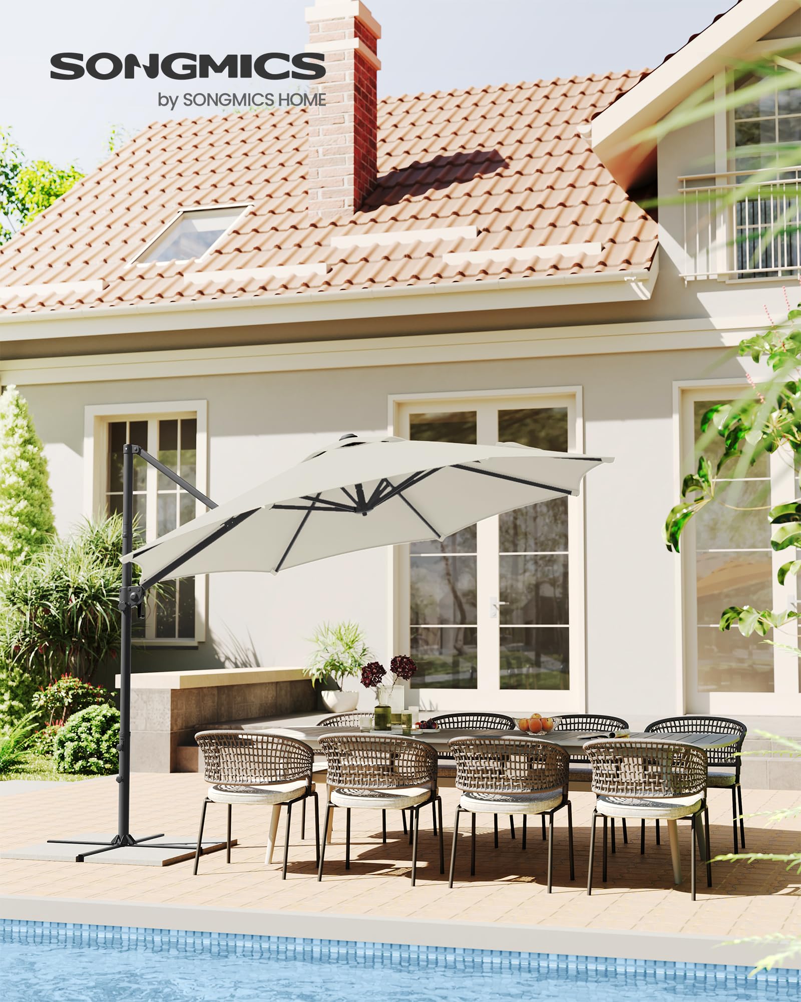 SONGMICS Parasol przeciwsłoneczny, 300 cm, UPF 50+, parasol ogrodowy, obracany o 360°, bezstopniowo regulowany kąt nachylenia, z korbą, stopka krzyżowa