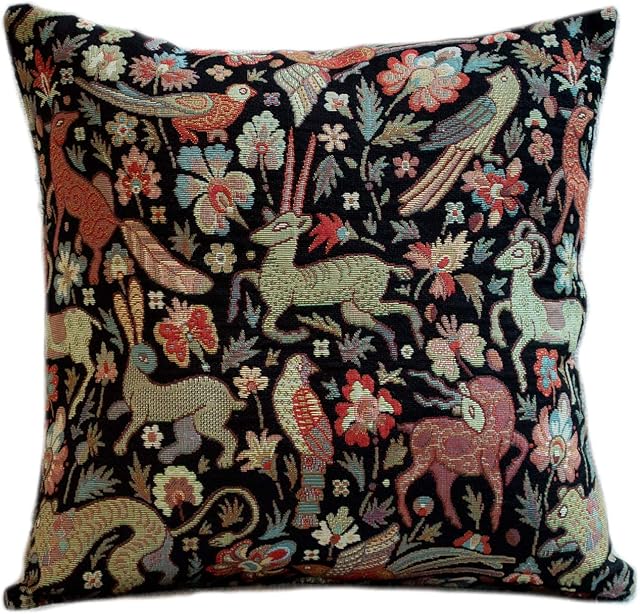 Mythical Animals Heavyweight Tapestry Double Sided Cushion Cover. 17"x17" Square Pillow Cover. Black background with multicoloured beasts. Morris style design. Turkish Kilim style Fabric.