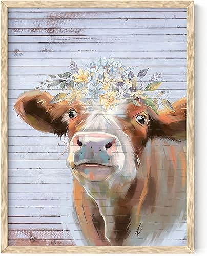 HAUS AND HUES Arte de pared de vaca de granja  Estampado de animales de campo para cocina y guardería (marco beige, 12 x 16)