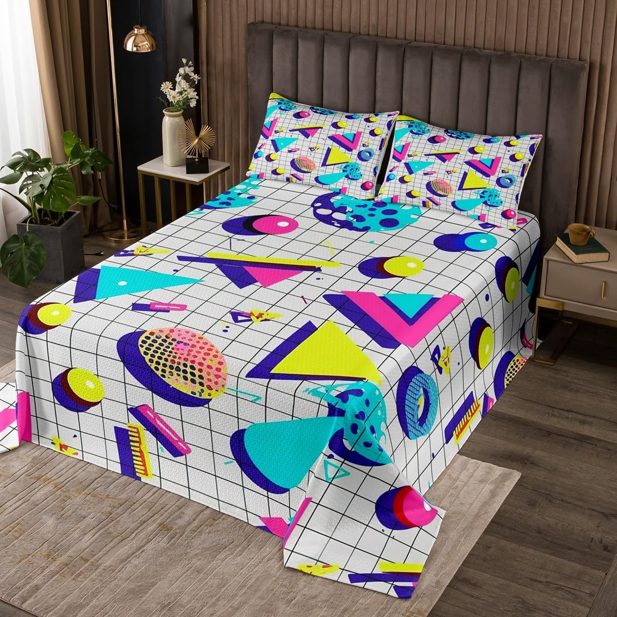 Rainbow Cow Print Bedspread Set Memphis Pattern Old Fashioned Coverlet Set King,Geometric Abstract Colorful Dots Quilt Set 80s 90s Retro Bed Set,Multicolor Vintage 80'S Style 1980S Home Decor