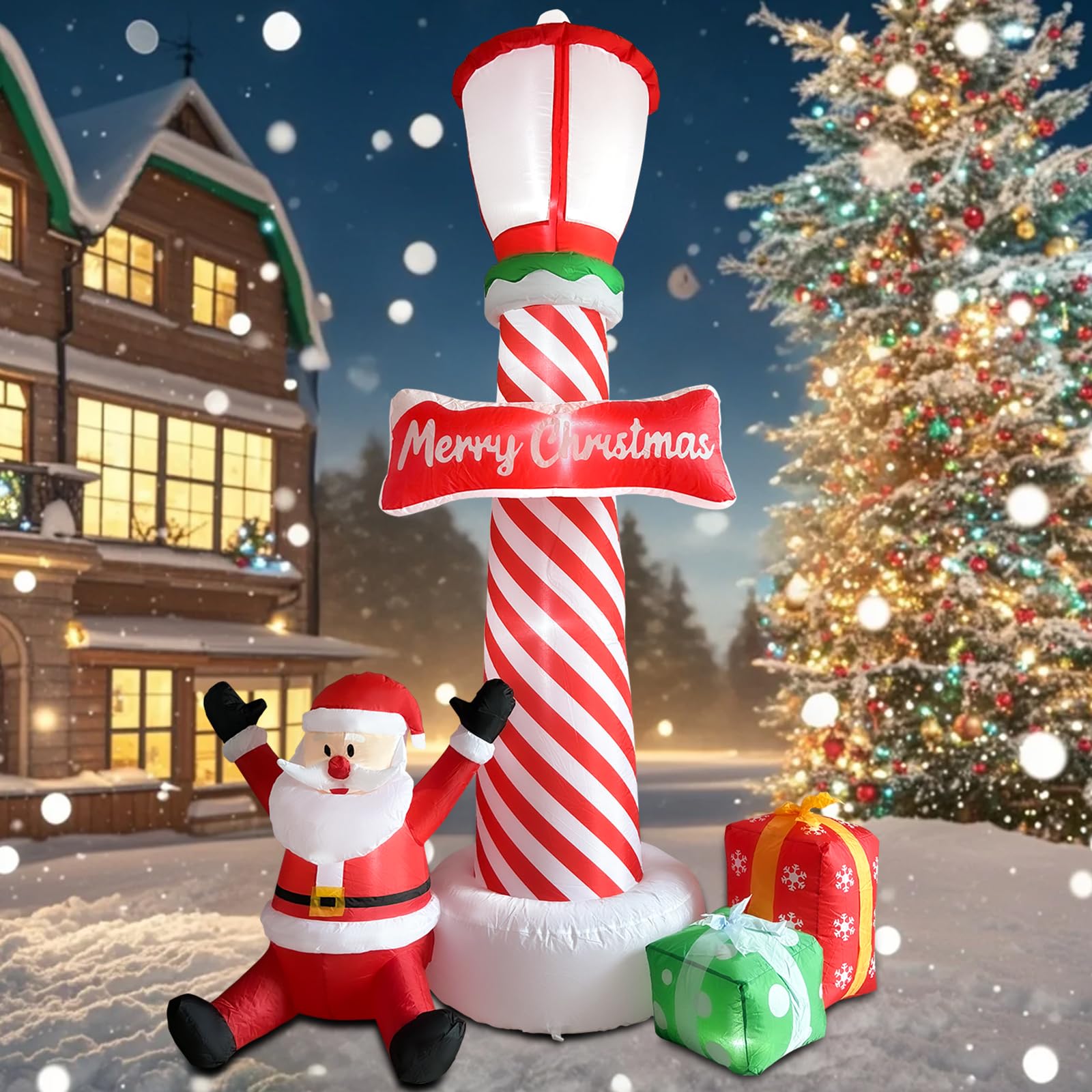 Phare de Noël gonflable de 2,46 m avec Père Noël et lumières LED pour jardin