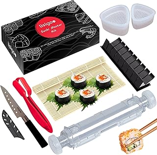 lisigoo Kit sushi complet - Sushi maker - Appareil pour fabrication sushi - Coffret avec natte en bambou, couteau japonais, moule onigiri, moule sushi, moule maki - Idée cadeau homme femme