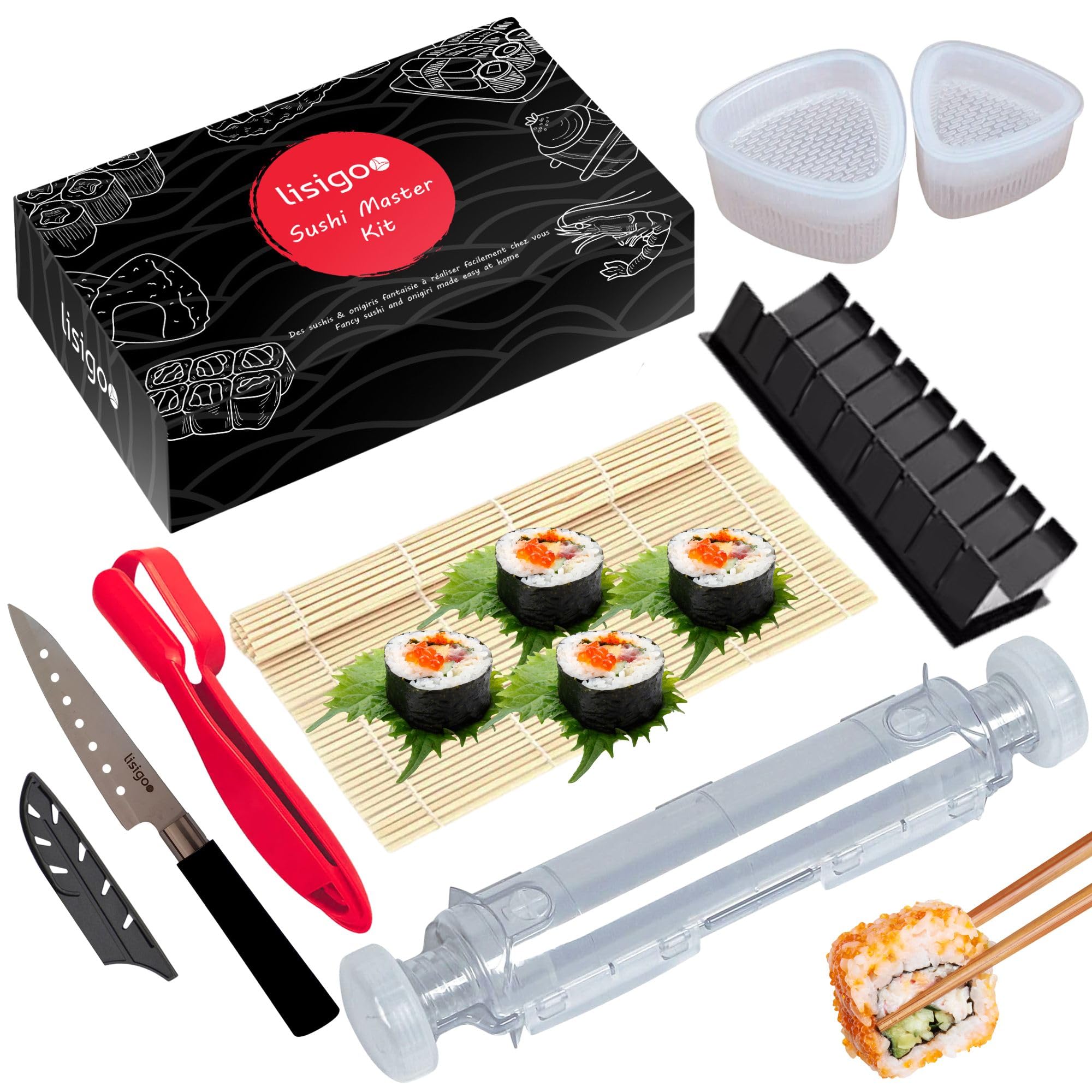 Kit sushi complet - Sushi maker - Appareil pour fabrication sushi - Coffret avec natte en bambou, couteau japonais, moule onigiri, moule sushi, moule maki - Idée cadeau homme femme