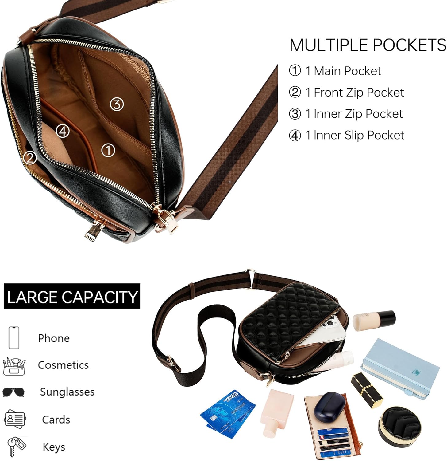 Quilted Crossbody Bags for Women PU Leather Crossbody Purses Small Shoulder Handbags with Guitar Wide Strap - Image 5