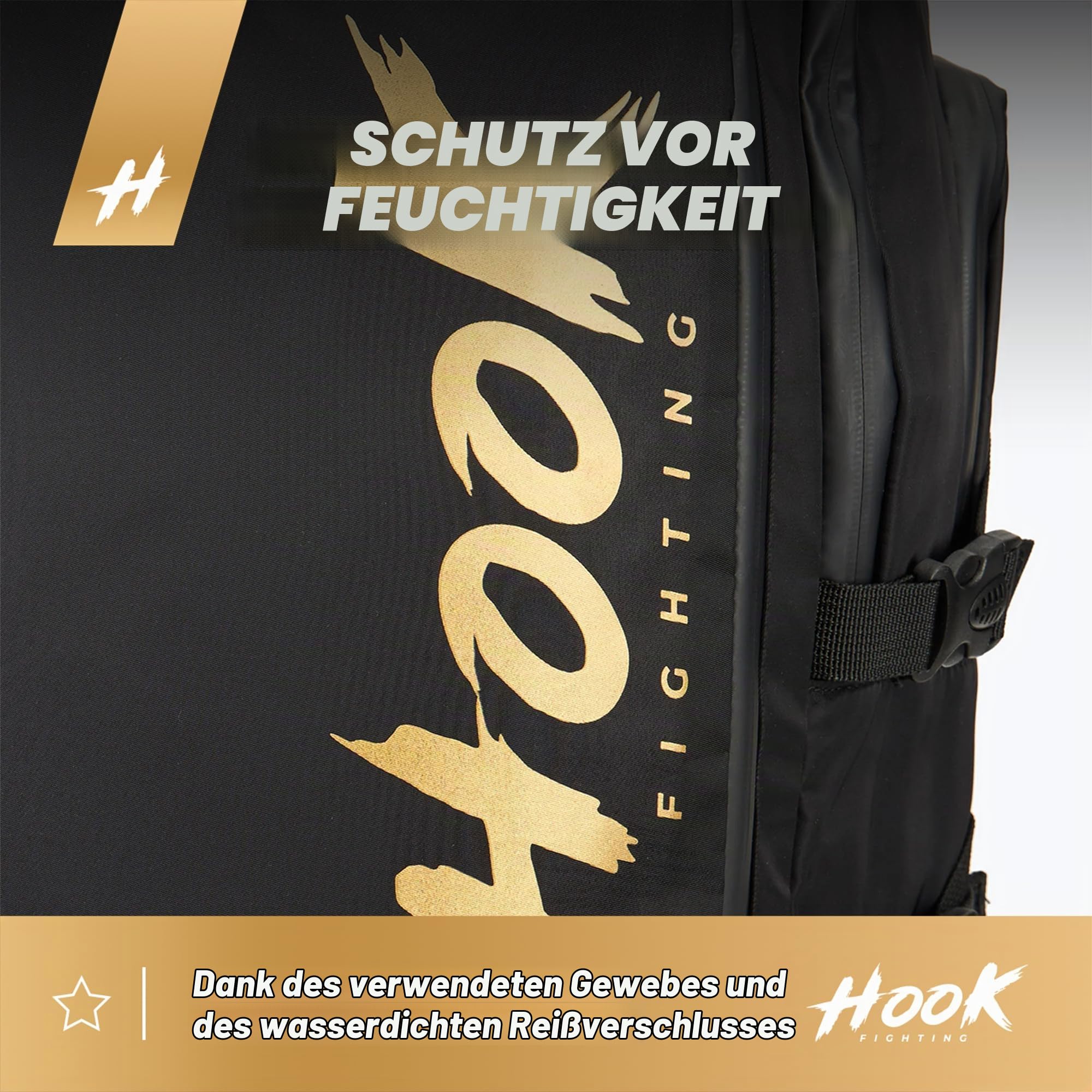 HOOK FIGHTNG COMPETITION Sport Rucksack in Schwarz mit einem Fassungsvermögen von 45/63 Litern Schutz vor Feuchtigkeit Belüftete und thermoaktive Tasche/Fitness Rucksack Verstellbares Volumen Stabilit