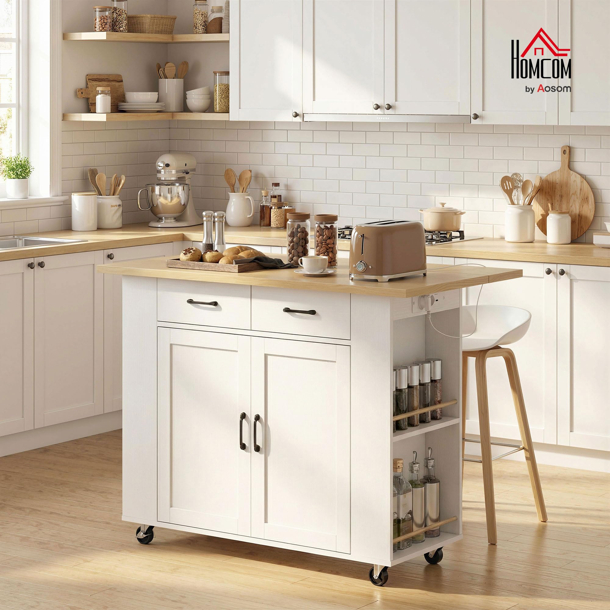 HOMCOM Îlot de Cuisine avec Station de Charge, Chariot de Cuisine à roulettes avec Plan de Travail Rabattable, Racks à Épices, 2 Tiroirs et Étagère Réglable, pour Cuisine et Salle à Manger, Blanc