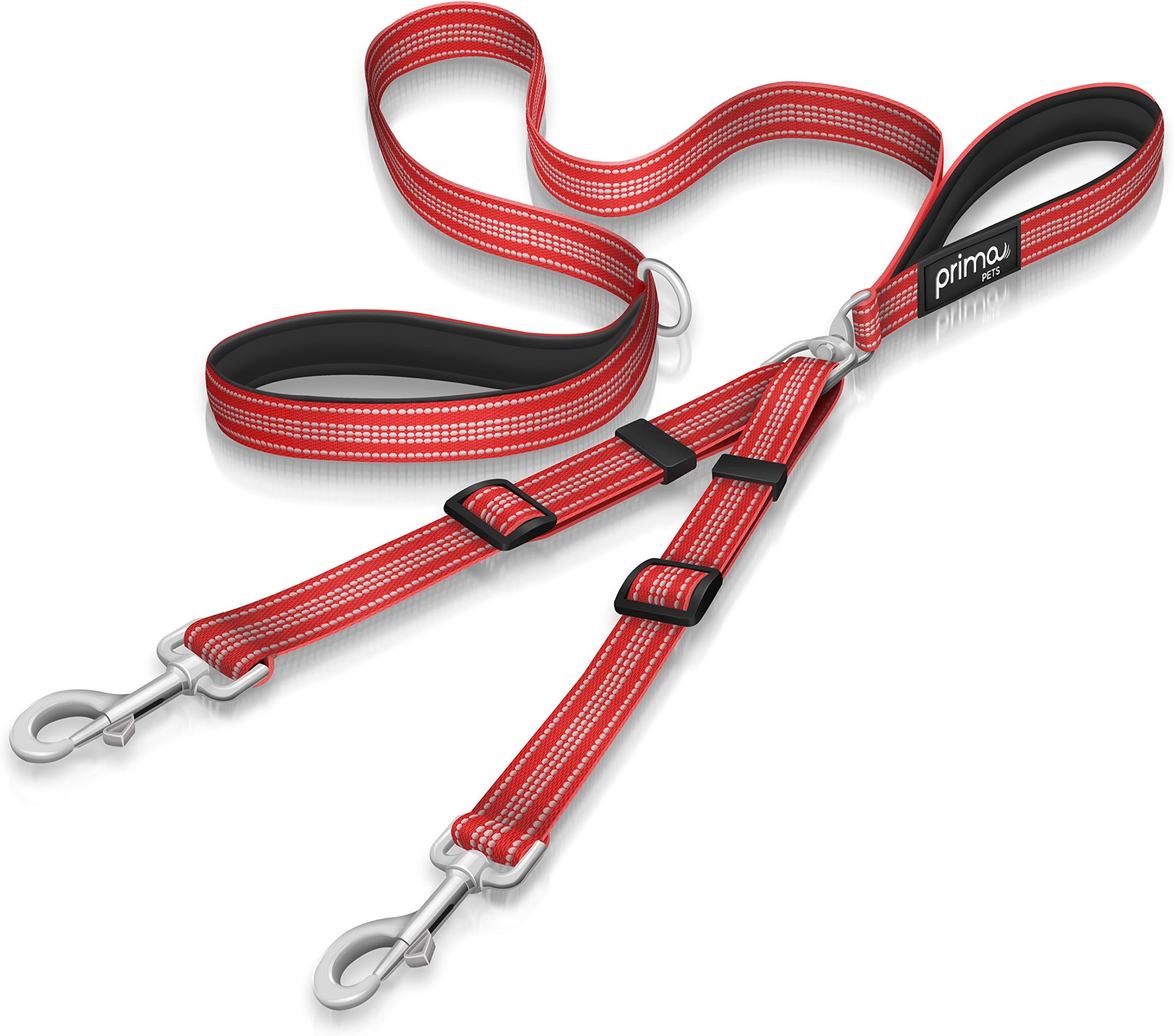 Prima Pet Premium Reflective Double Dog Leash - Adjustable Coupler - 2 Padded Handles- Great for Walking 2 Dogs/Dual Dogs - Tangle Free (Large - 1" Width, 4 Feet RED)
