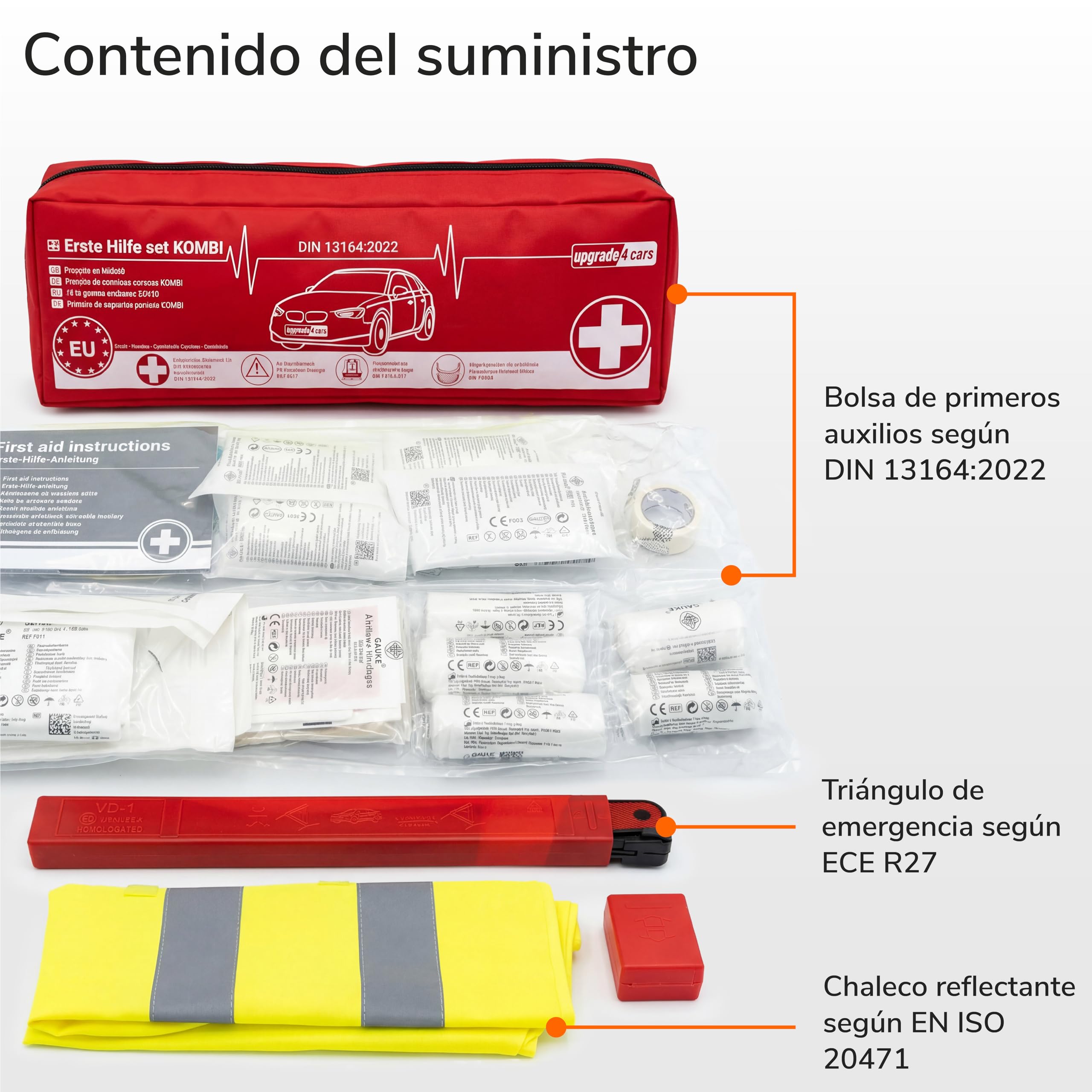 Upgrade4cars Botiquín de Primeros Auxilios Coche 2026 con Triángulo de Emergencia y Chaleco Reflectante según Norma Actual DIN 13164 Válido en Toda Europa