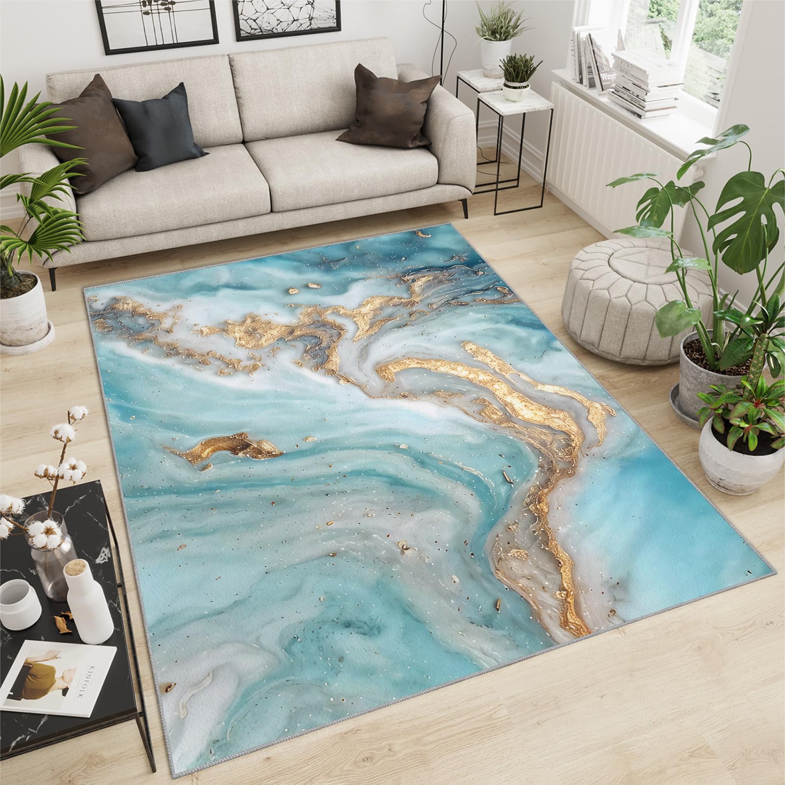QDJKBL Washable Rug 150 X 240 Cm Emerald Abstract Turquoise Marble, 3D Gold-Plated Relief Curved Lines Indoor Rug, Carpet Mat Dust-Proof for Hardwood Floors