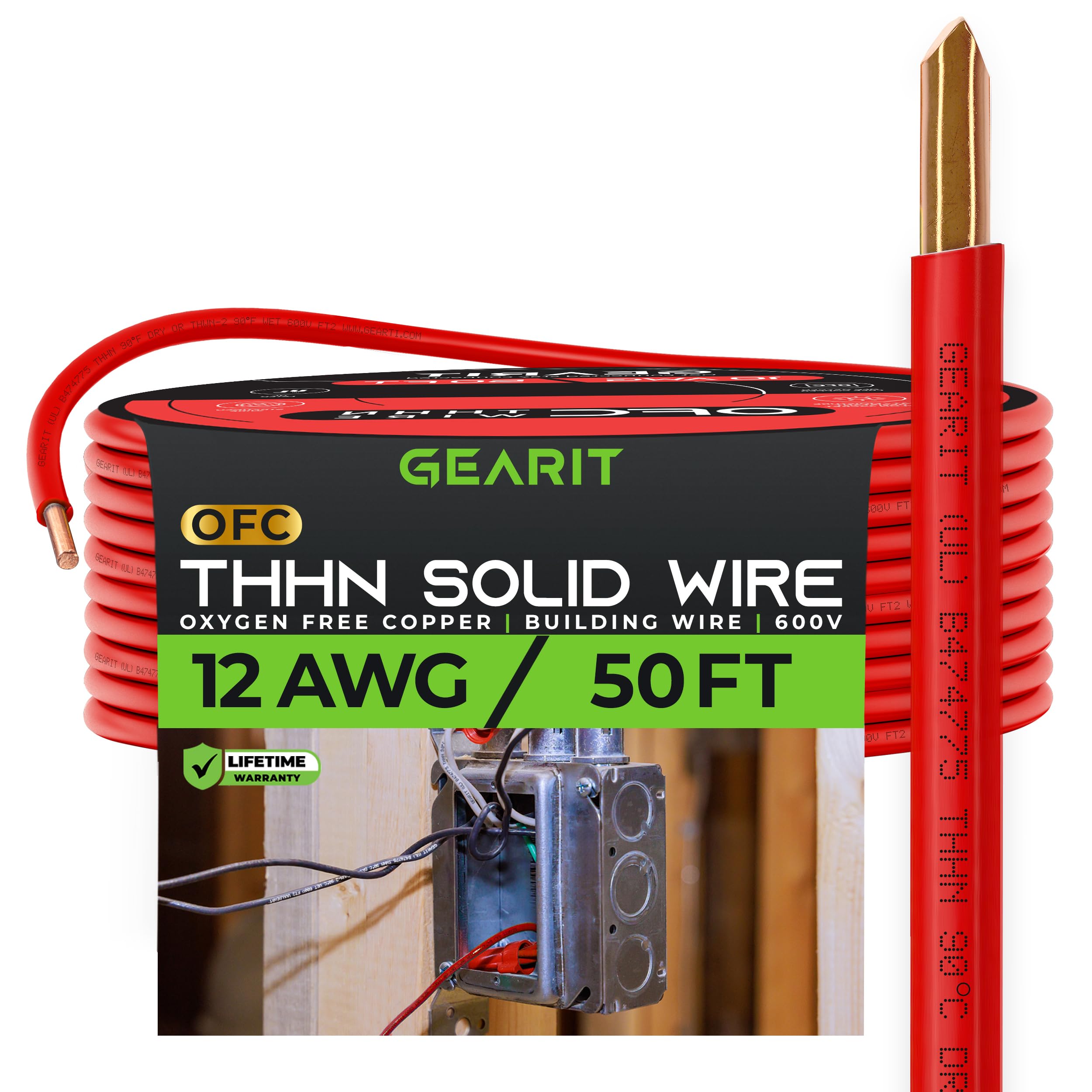 GearIT Solid THHN Wire (12 Gauge, 50 Feet) 100% OFC Electrical Building Wire, Rated for Up to 600 Volts, Single Conductor, Nylon Jacket, UL Listed/RoHs Compliant - Red, 50ft