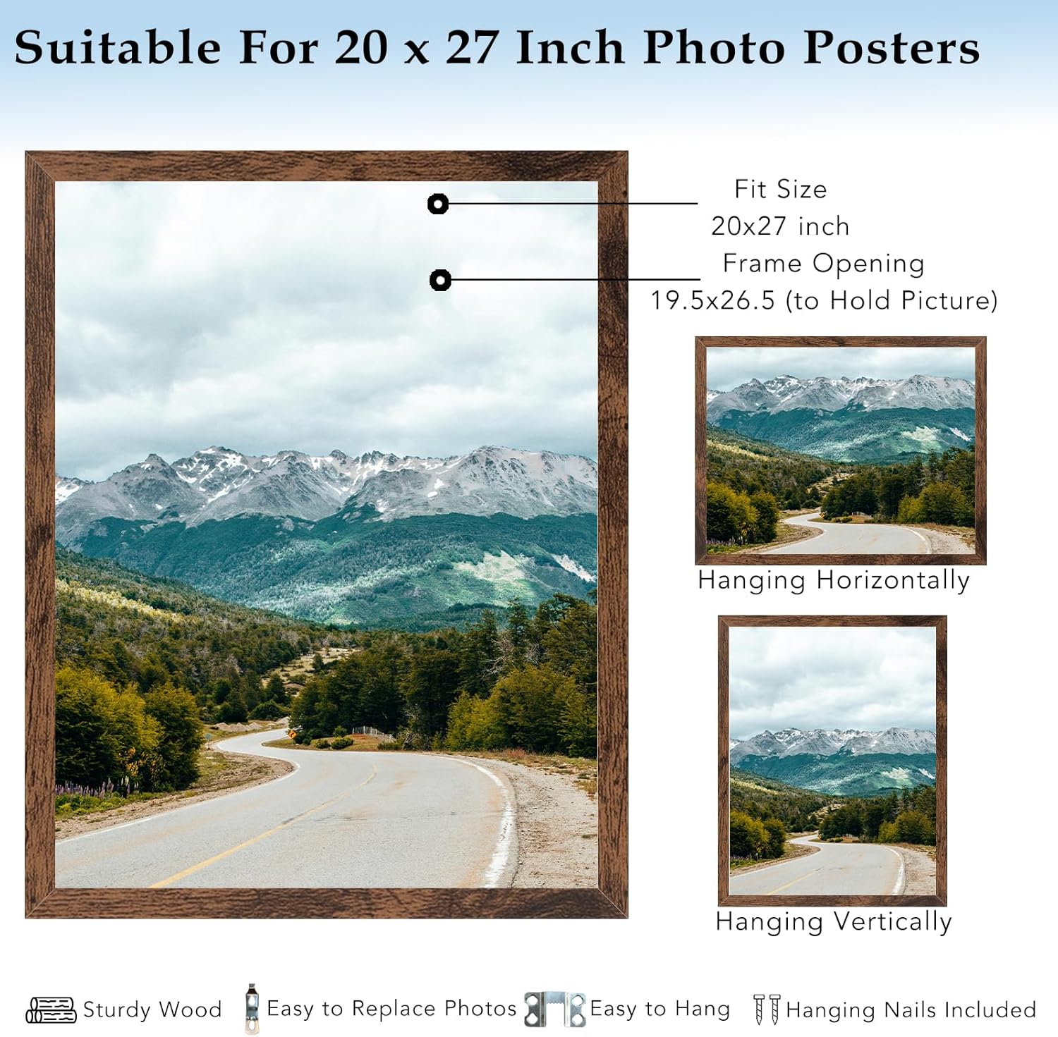 20x27 Picture Frame Deep Brown for Wall Hanging, Wood 20 x 27 Frame Poster Photo Frame for Wall Horizontally or Vertically, Deep Brown, 1 Pack 1 20x27 inch