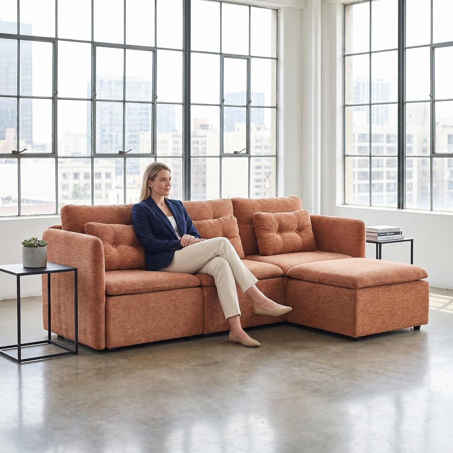 82.5 Inch Modern Modular Sectional Sofa Couches for Living Room, 3-Seat Button Tufted Modular L Shaped Sofa Set Chenille Fabric with Pillow and Ottoman for Bedroom, Apartment, Home Furniture, Brown