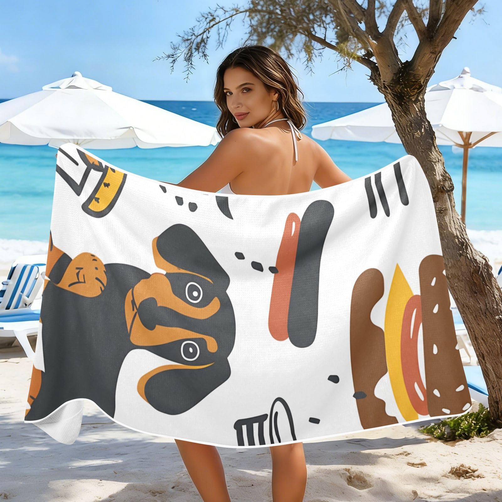 Toallas de playa grandes con bolsas de malla para adultos, bonita y simple toalla de baño de perro salchicha con cierre magnético, toalla absorbente de secado rápido para piscina, camping y