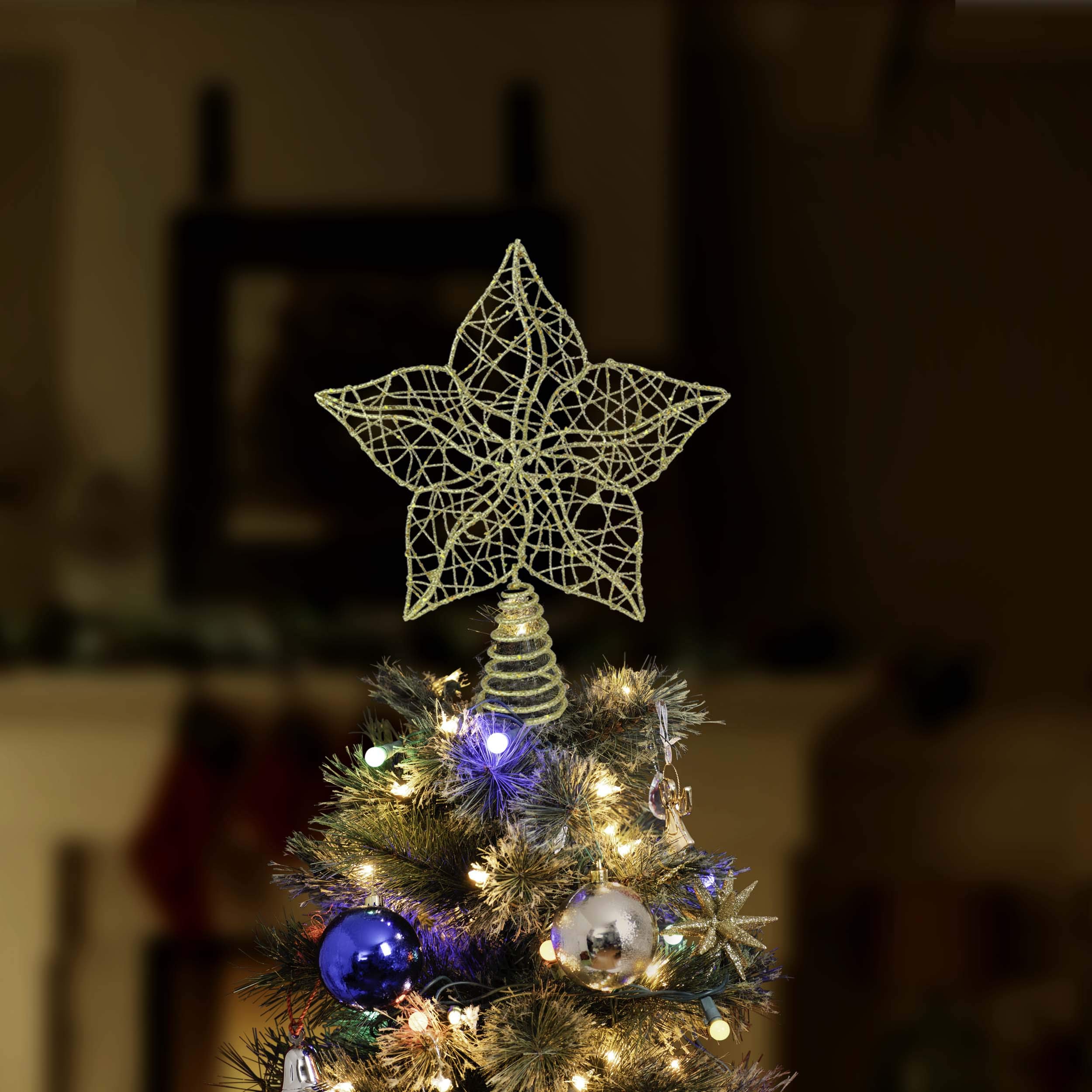 Ornativity Błyszcząca ozdoba na choinkę - Boże Narodzenie złoty błyszczący drut gwiazda kwiat liściasty płatek dekoracja świąteczna choinka wierzch ozdoby 30 cm