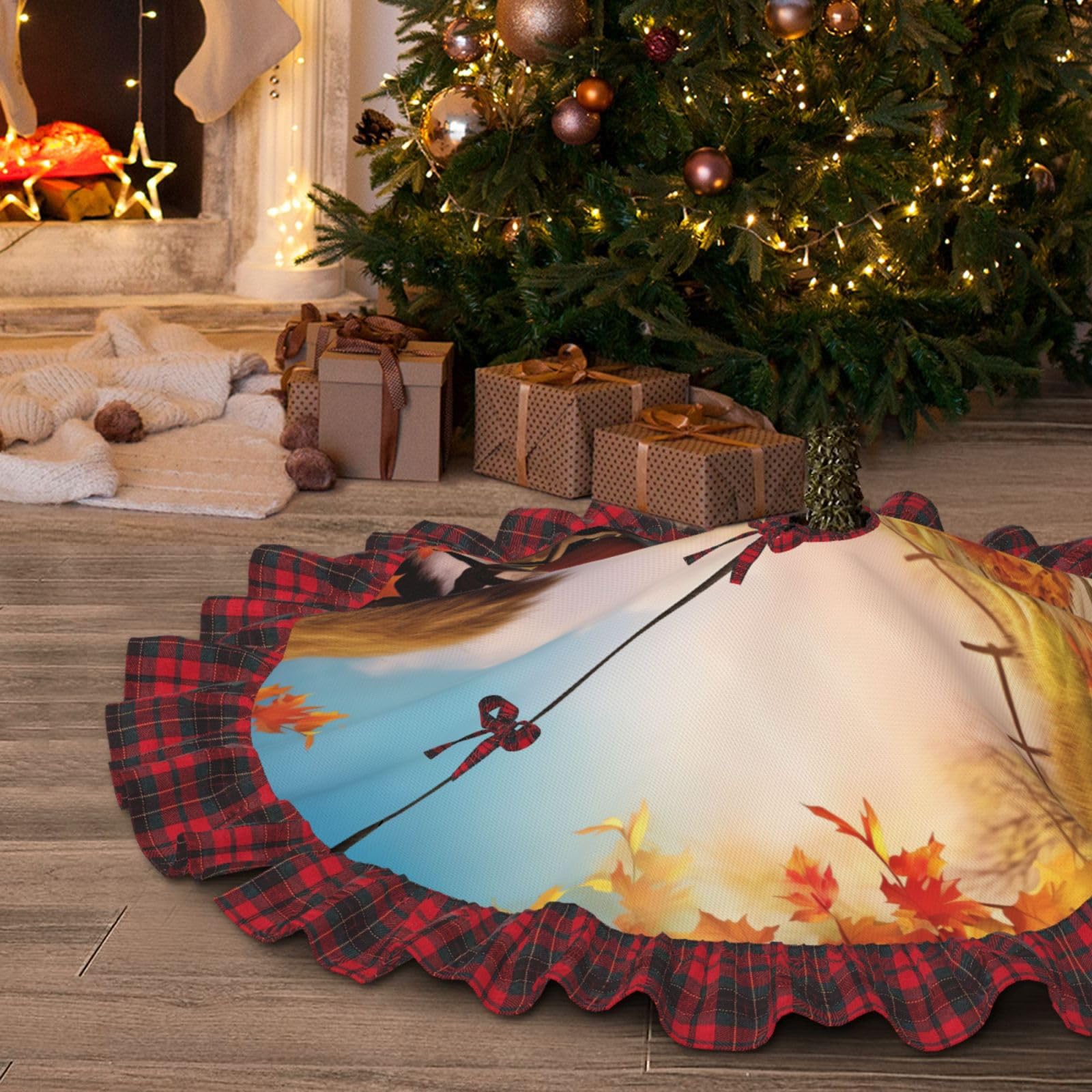 Jupe De Sapin De Noël 122 Cm - Motif Animaux De La Forêt - Déco Intérieur/extérieur Style Rustique