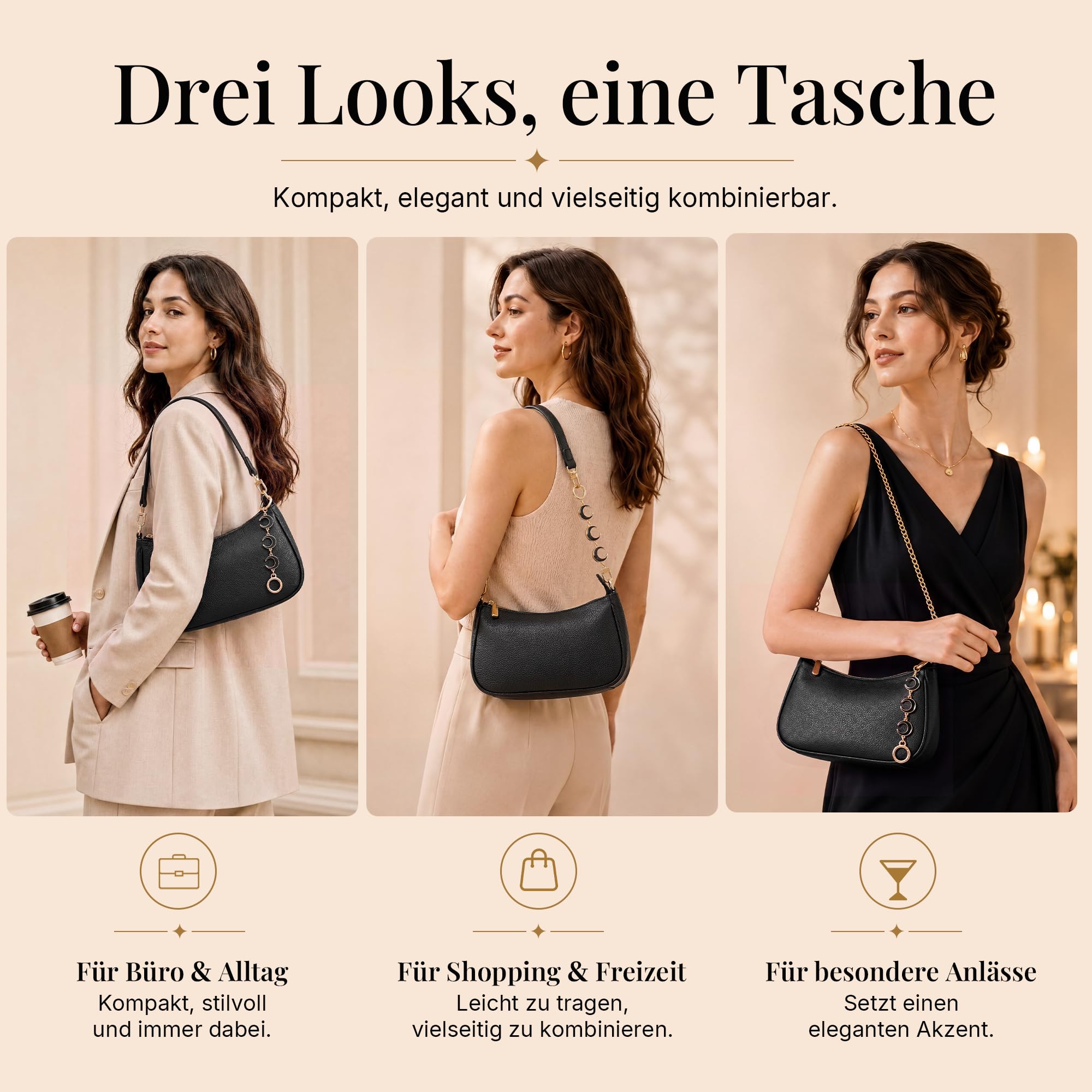 Captain Blues Handtasche Damen Klein, Schultertasche Damen, kleine Handtasche Damen mit Reißverschluss, PU Leder Tasche mit kurzem Schulterriemen, goldener Kette und Zierkette