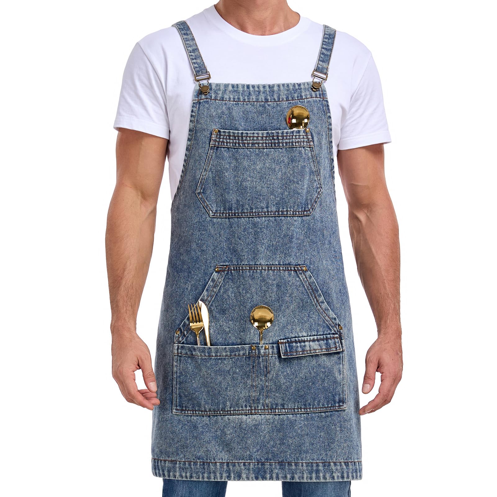 Beitiny Denim Apron with Pockets, Cross Back Apron for Men Women, Jean Work Aprons for Hairstylist Barber Grilling Gardening, Adjustable L to XXL
