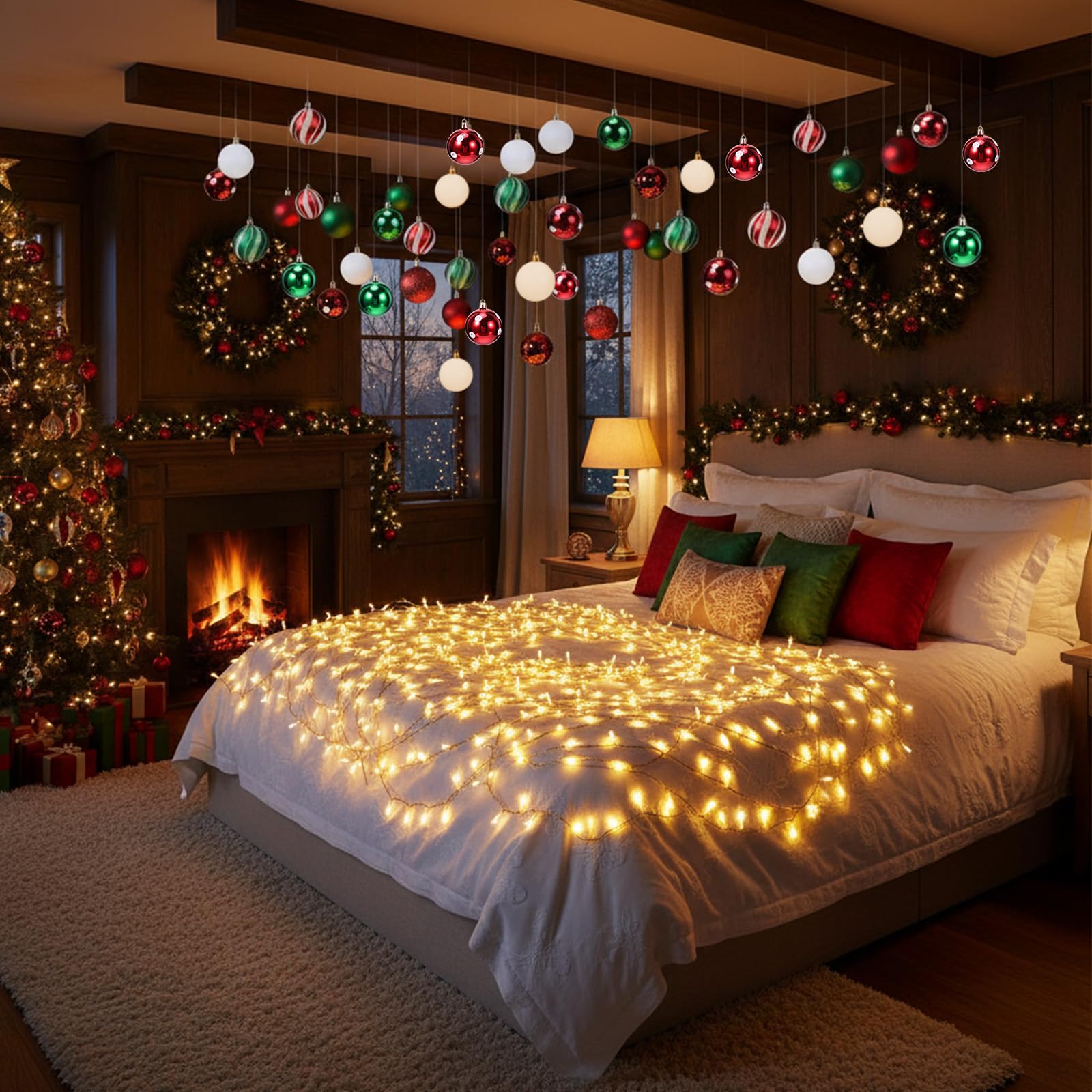 Soulchen Lot de 30 boules de Noël à suspendre au plafond avec guirlande lumineuse de 10 m avec 100 LED et crochets pour Noël, fête de vacances, intérieur ou extérieur, décoration de cour