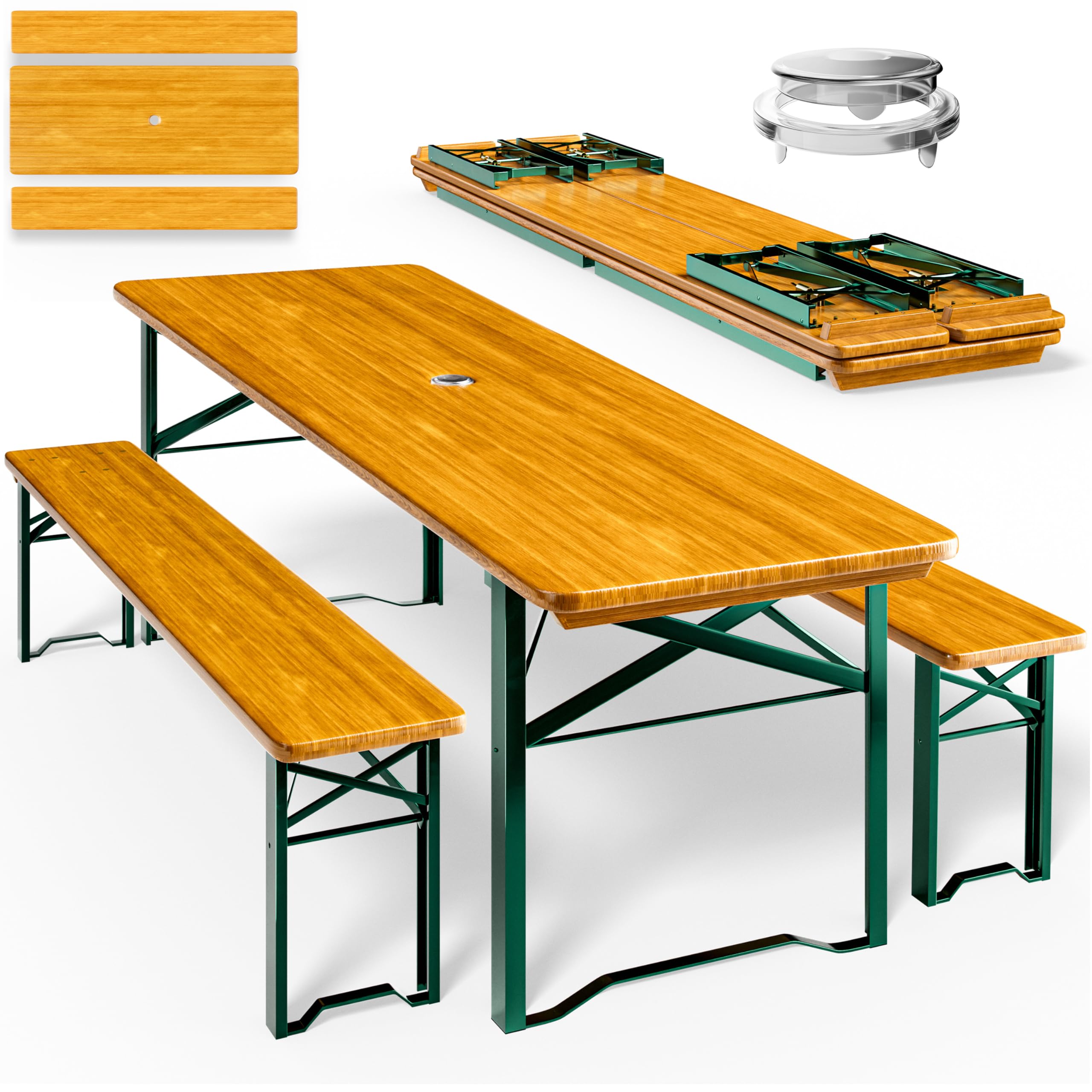 Casaria Ensemble Table et bancs en Bois de Brasserie 170x46x75cm Pliable Meubles de Jardin 3 pièces Support Parasol