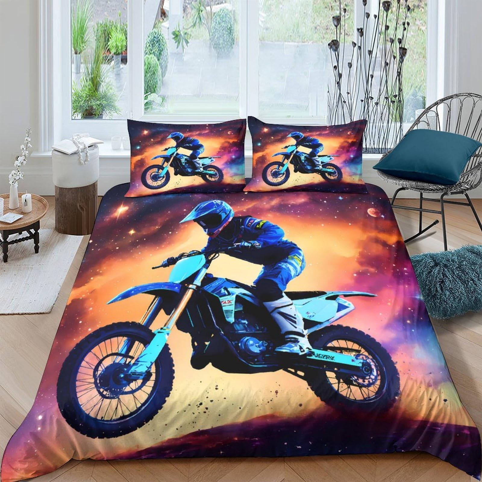 Ctjqhvkz Style-1 3D Printed Motorbike Adventure Fitted Sheet Microfiber Soft Breathable Fire Racing Bed Cover For Bedroom Dorm Decor Single（135X200cm）