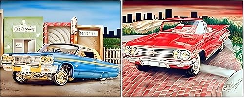 Lowrider azul y dorado clásico vintage rojo coche 8 x 10 juego de dos cuadros decoración de pared cuadros cuadros impresión carteles