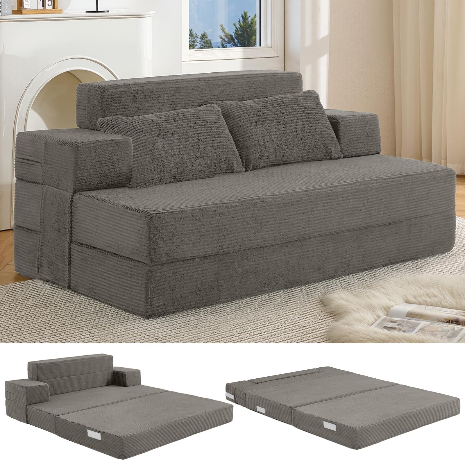 Fantico 3-in-1 Schlafsofa – Schlafsessel mit Bettfunktion, klappbares Bettsofa, Faltbare Schlafcouch mit integrierten Rückenkissen & separatem Kissen, waschbarer Bezug