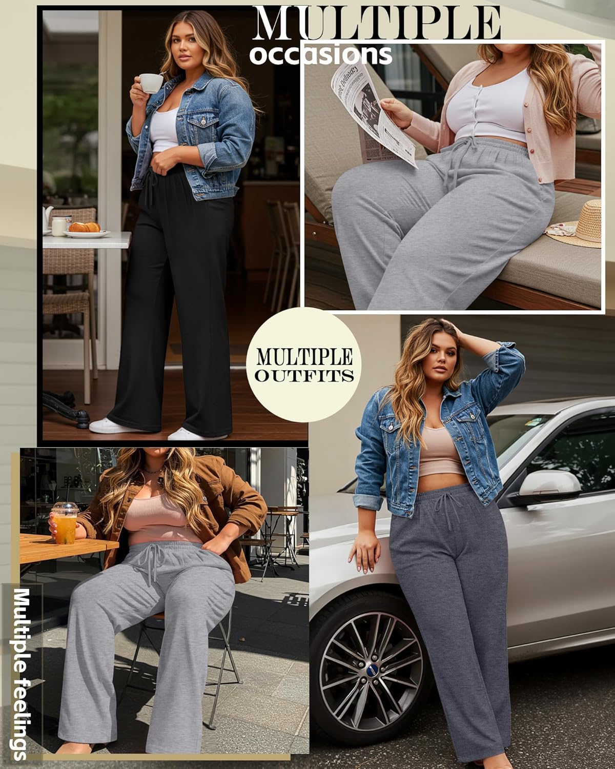 Neer 3 Pack Women's Plus Size Sweatpants Wide Leg High Waist Drawstring Yoga Lounge Joggers Open Bottom Pants with Pockets - Image 2