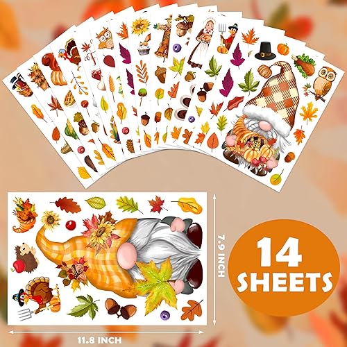 Miniatura 2 de BORAMDO Fall Thanksgiving Window Clings 14 Sheets, Gnome Leaf Turkey Decals Stickers, Removable Autumn Decorations for Glass Windows, Holiday Home