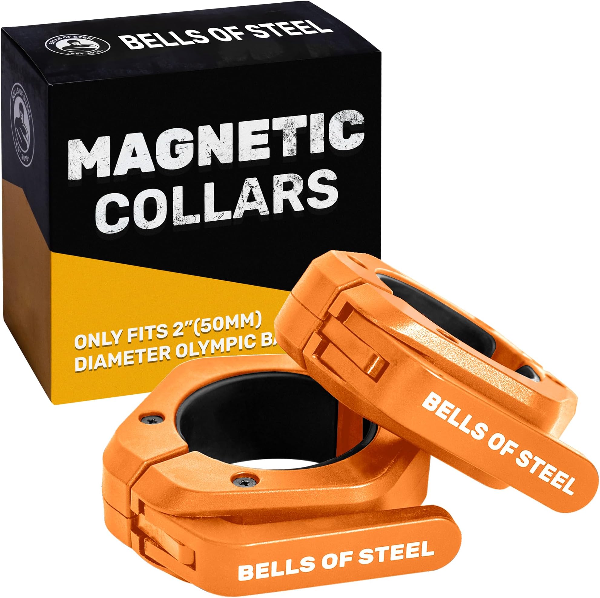 Magnetic Barbell Collars [Bells of Steel] Premium Weight Bar Clamps, Quick Release Barbell Clips, Olympic Barbell Clamps, High Strength Nylon Gym Clips, Pair, Orange
