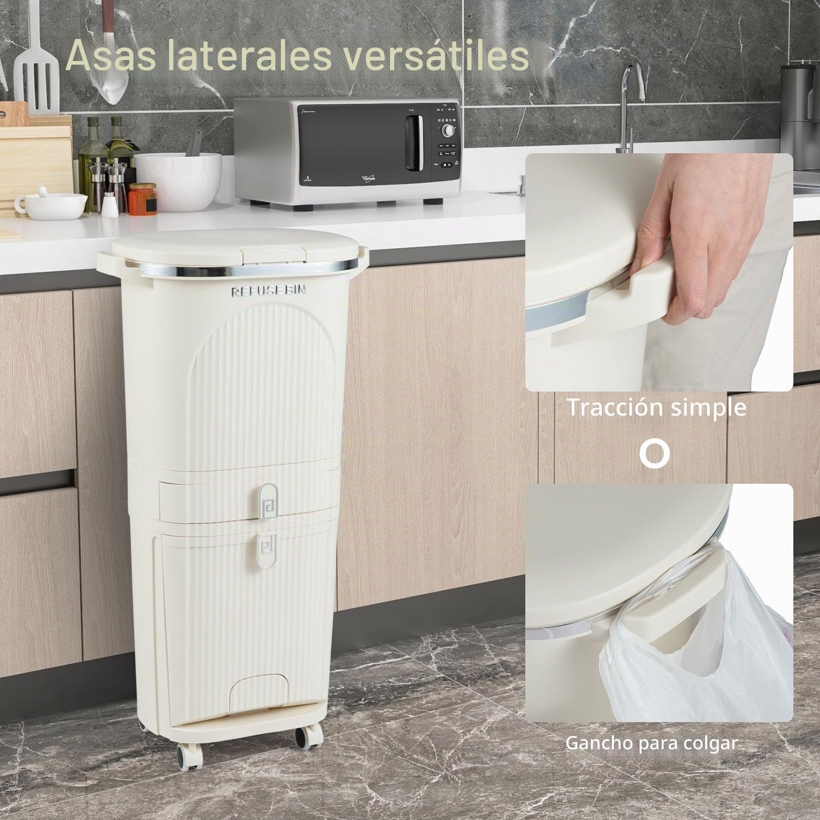 LIFEZEAL Cubo de basura con ruedas 42L y 3 compartimentos (42L) | Papelera de cocina con pedal, tapa y asa para cocina, salón y oficina