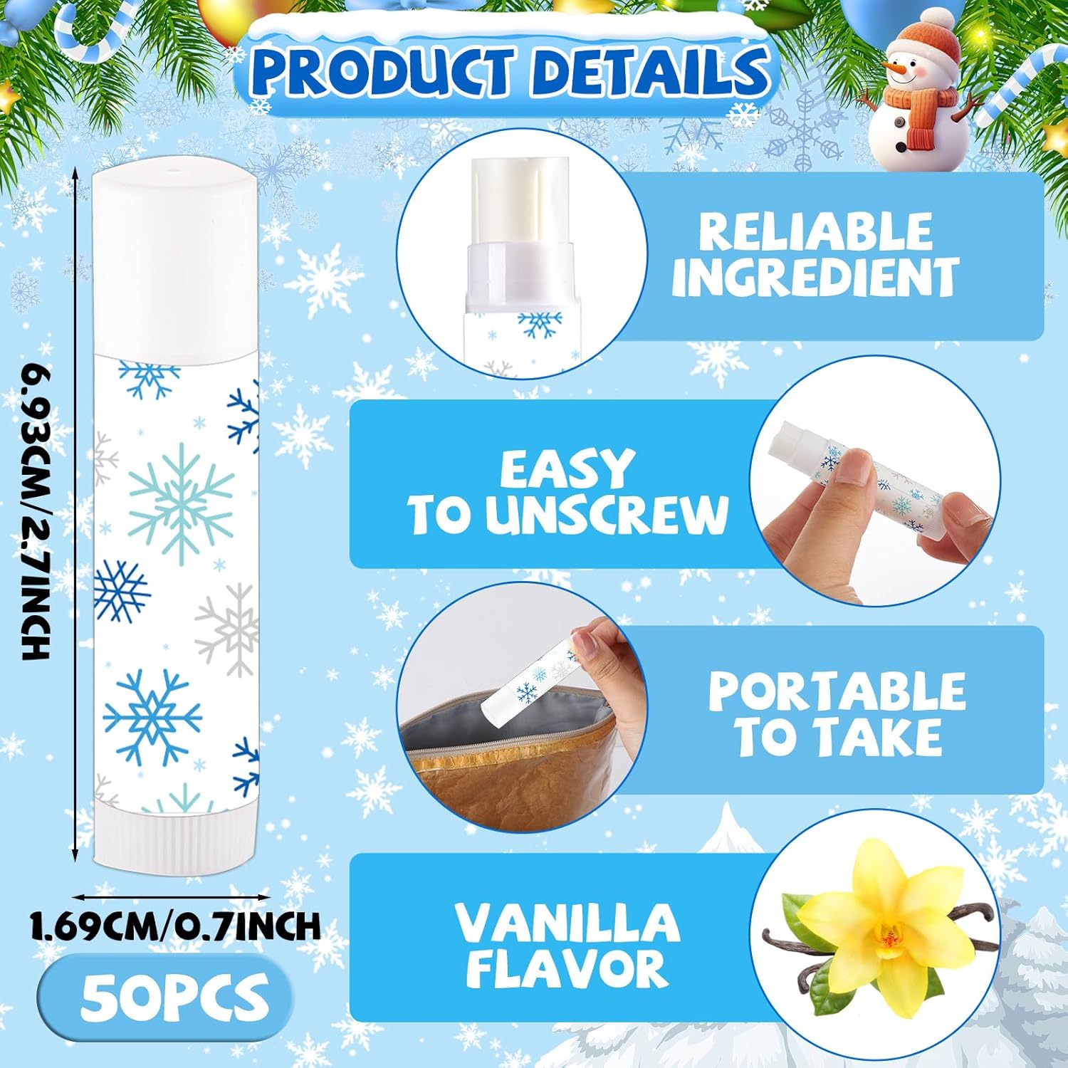 50 Pack Winter Lip Balm Gift Bulk, Moisturizing and Nourishing Lip Balm Appreciation Gift, Winter Holiday Xmas Birthday Party Favors Supplies for Women Men Coworker Employee Teacher(Blue Snowflake)
