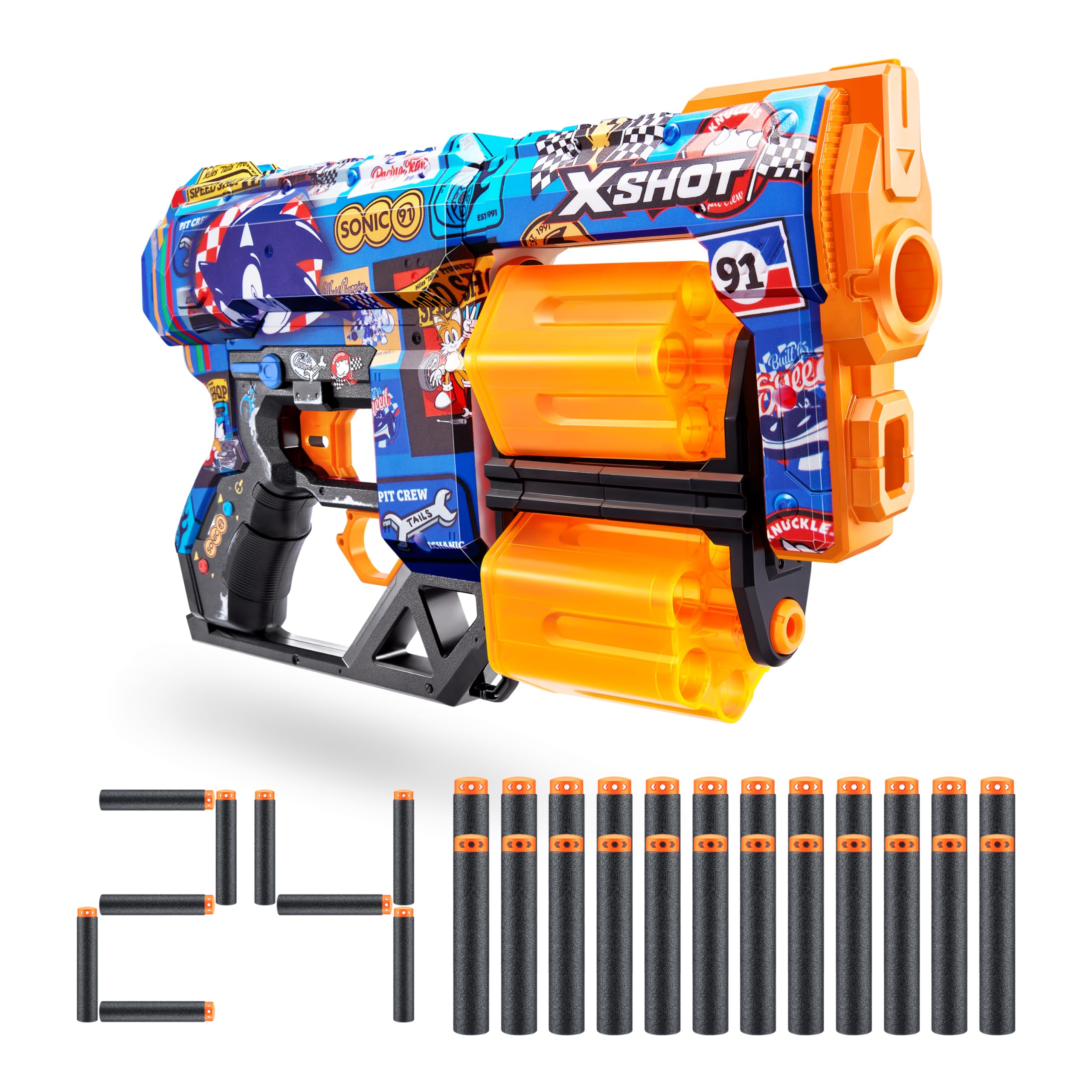 X-Shot Skins Dread Sonic Race Team Blaster with 24 Darts - Malice Skin by ZURU, Double Rotating Barrels, Air Pocket Dart Technology, Toy Foam Blaster for Kids, Teens and Adults