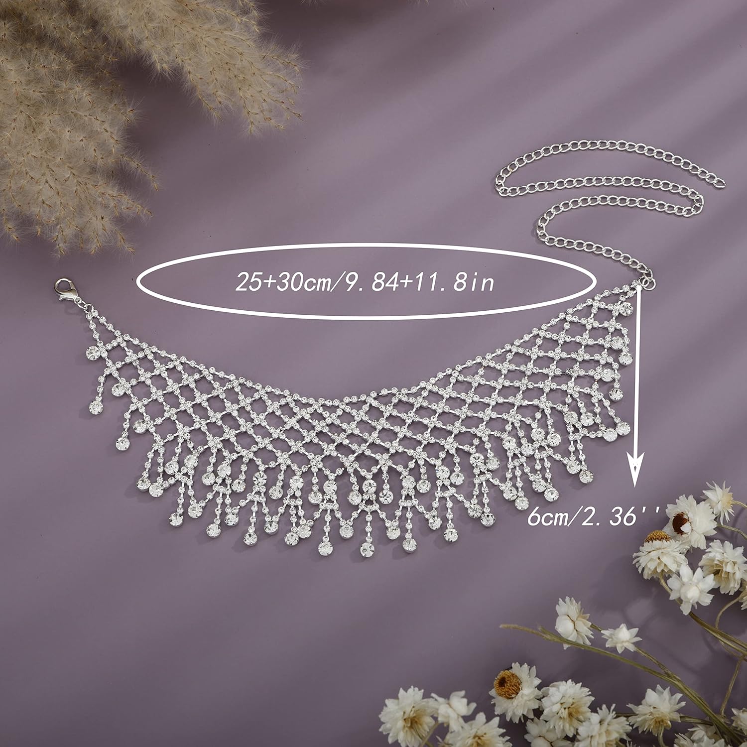 YERTTER Dainity Full Rhinestone Chunky Chain Silver Chain Collar Statement Tassel Crystal Choker Necklace Adjustable for Party Music Bar Women （Silver 1） - Image 7