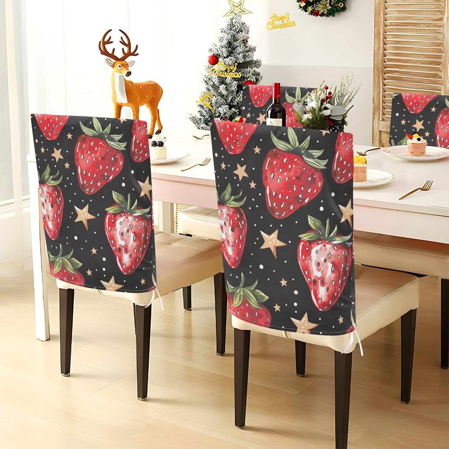 ALAZA Vintage Strawberry and Stars Chair Back Cover Set of 6, Washable Reusable Removable Chair Slipcovers Decorative Chair Cover for Home Kitchen Wedding Party