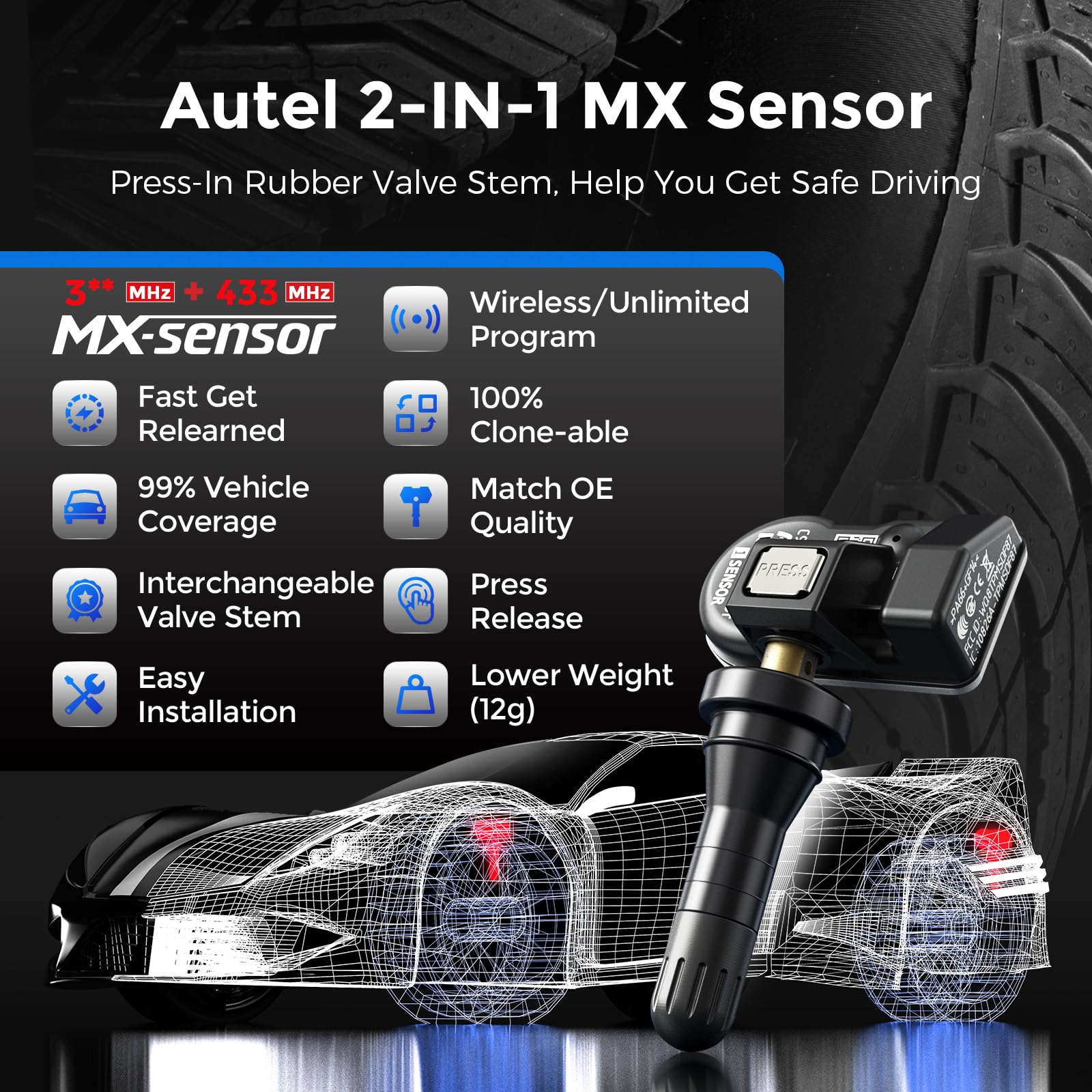 Autel RDKS Sensor 2en1 MX-Sensor, Duale Frequenz OE-Niveau TPMS-Sensoren für 99% Autos, Funktioniert mit TS408S TS501Pro TS508WF TS601,Programmierbarer & Klonbarer Reifensensor(Gummiventil, 4 Stück)