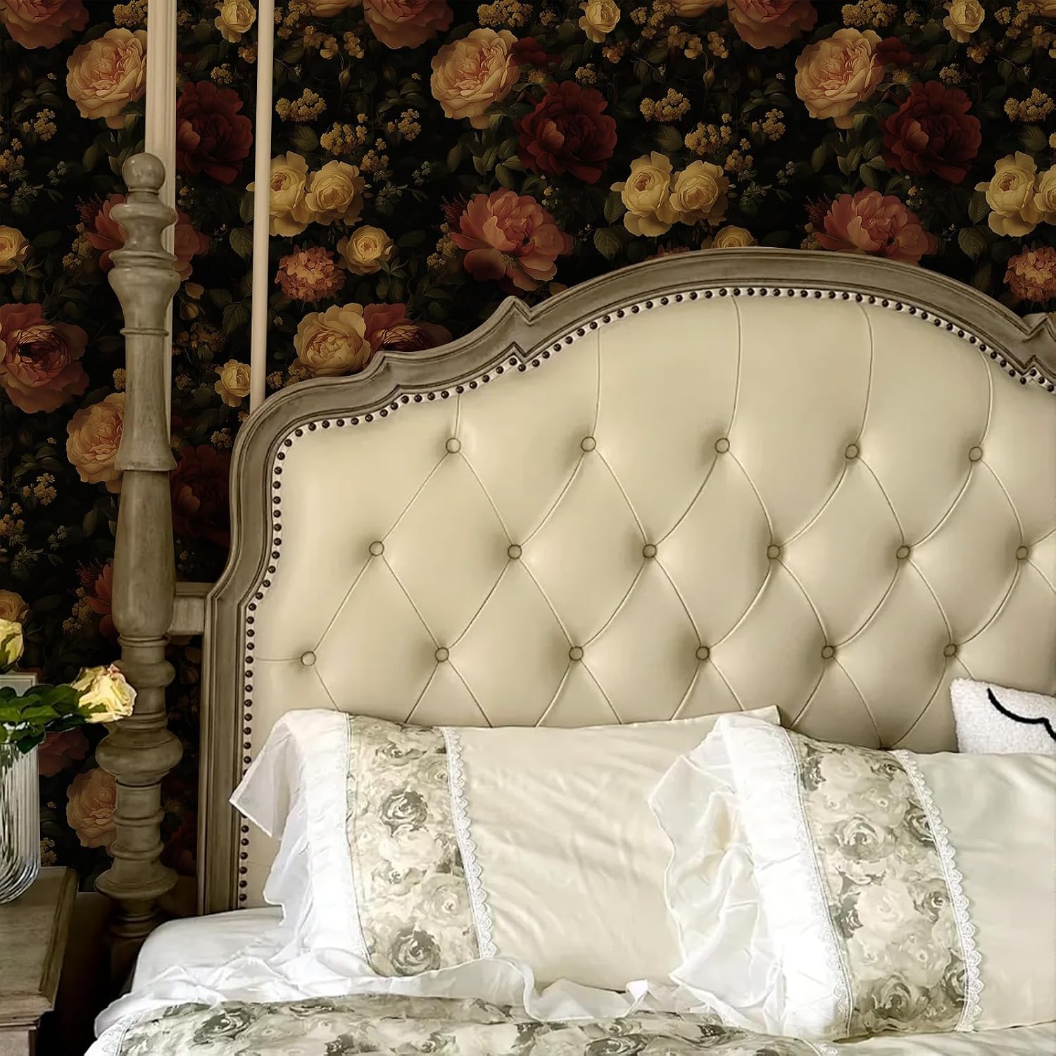 Vintage Floral Wallpaper Self Adhesive Peel and Stick Watercolor Whimsical Elegant Penoy Rose Botanical Leaf Flower Paper Removable Waterproof for Bedroom Renter Friendly 17.71"x 236.2"