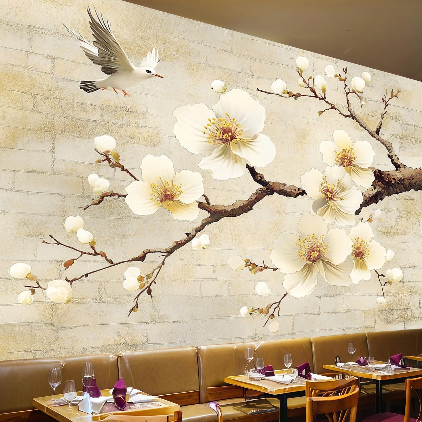 Carta da Parati Fiori astratti su muro di mattoni300 x 210 cm Fotomurale TNT Beige chiaro Decorazione Parete Moderna per Soggiorno Camera da Letto