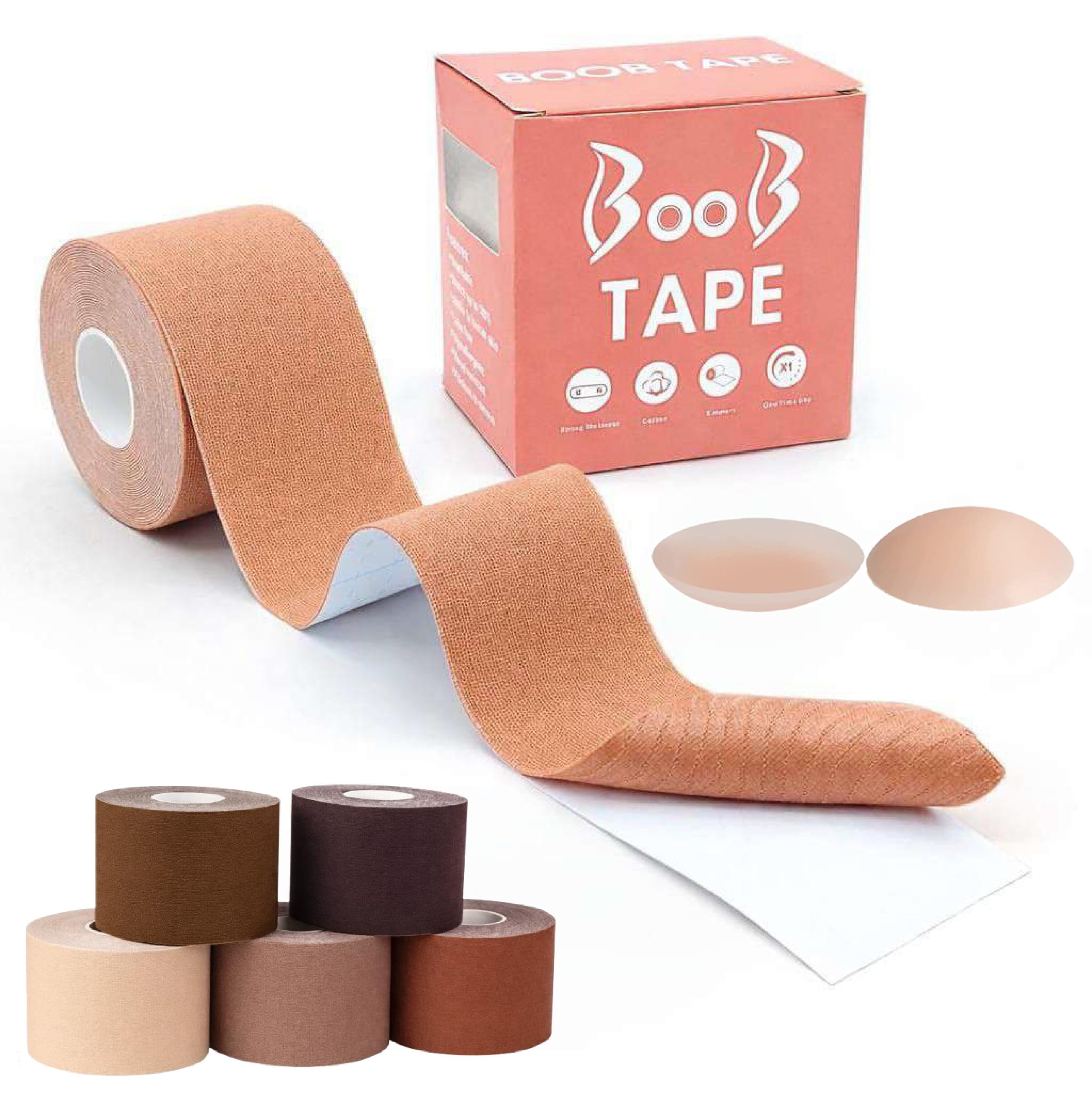 Qilly Boob Tape, Bob Tape for Large Breasts, Self-Adhesive Waterproof Strapless Boobtapes with 2 Pcs Nipple Covers, Stretchable Longer Than Regular Roll, Perfect to Stick on Bra (Skin, 5 m)