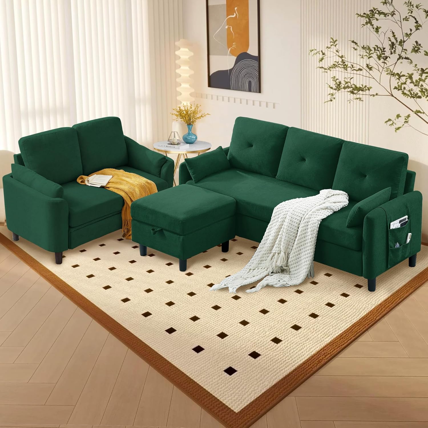 Convertible Sectional Sofa Set, 77" Small L Shaped 3 Seat Couch with Reversible Storage Chaise and Loveseat, Modern Line Sofa Couches for Living Room, Green