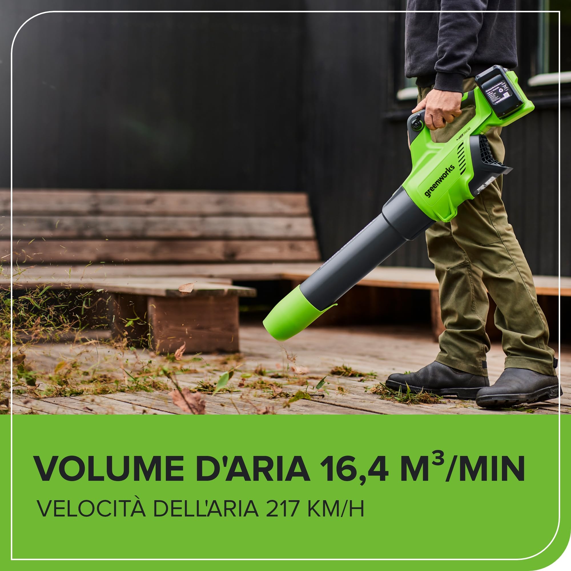 Greenworks Tools 48V(24V x 2）Soffiatore Assiale a Batteria, Ioni di Litio Velocità d'Aria 217 Km/h Potente Tubo Soffiatore Assiale Controllo di Velocità Elettronico Con Batteria e Caricatore GD24X2AB