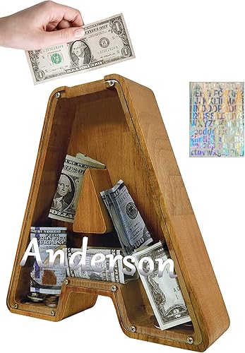 Miniatura 48 de Alcancía para niños y niñas, alcancía grande de madera personalizada con diseño recortado, bancos de monedas con letras del alfabeto, caja de ahorro