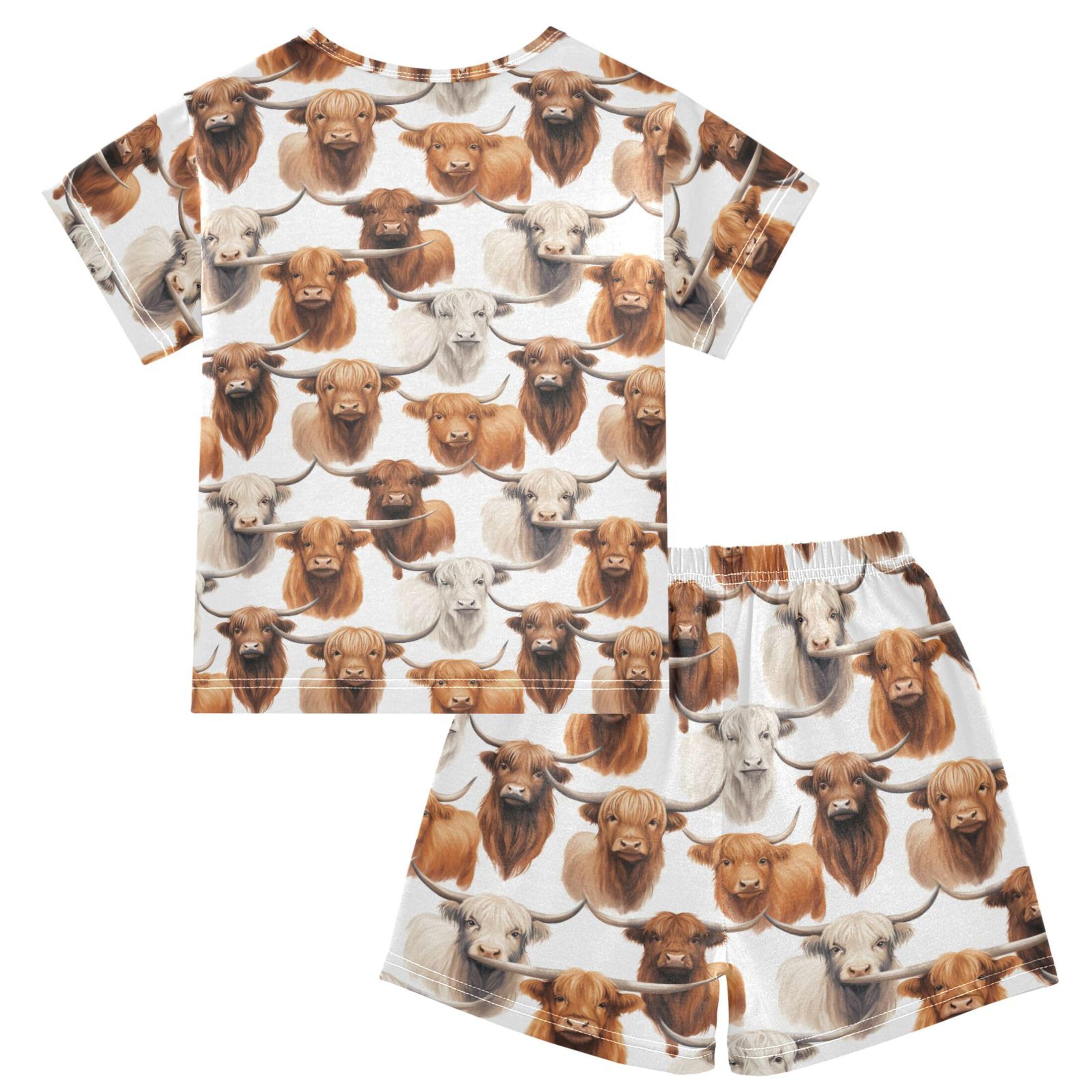 UMIRIKO Highland Cow Animal Summer Short Sleeve Pajamas Sleepwear PJ Set B0403015