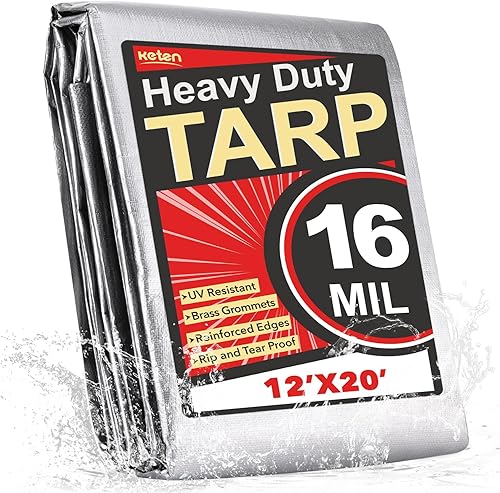 Keten Lonas resistentes impermeables de 12 x 20 pies, extra gruesas de 16 mil, resistentes a desgarros y decoloración, 100% bloqueo UV, lona para