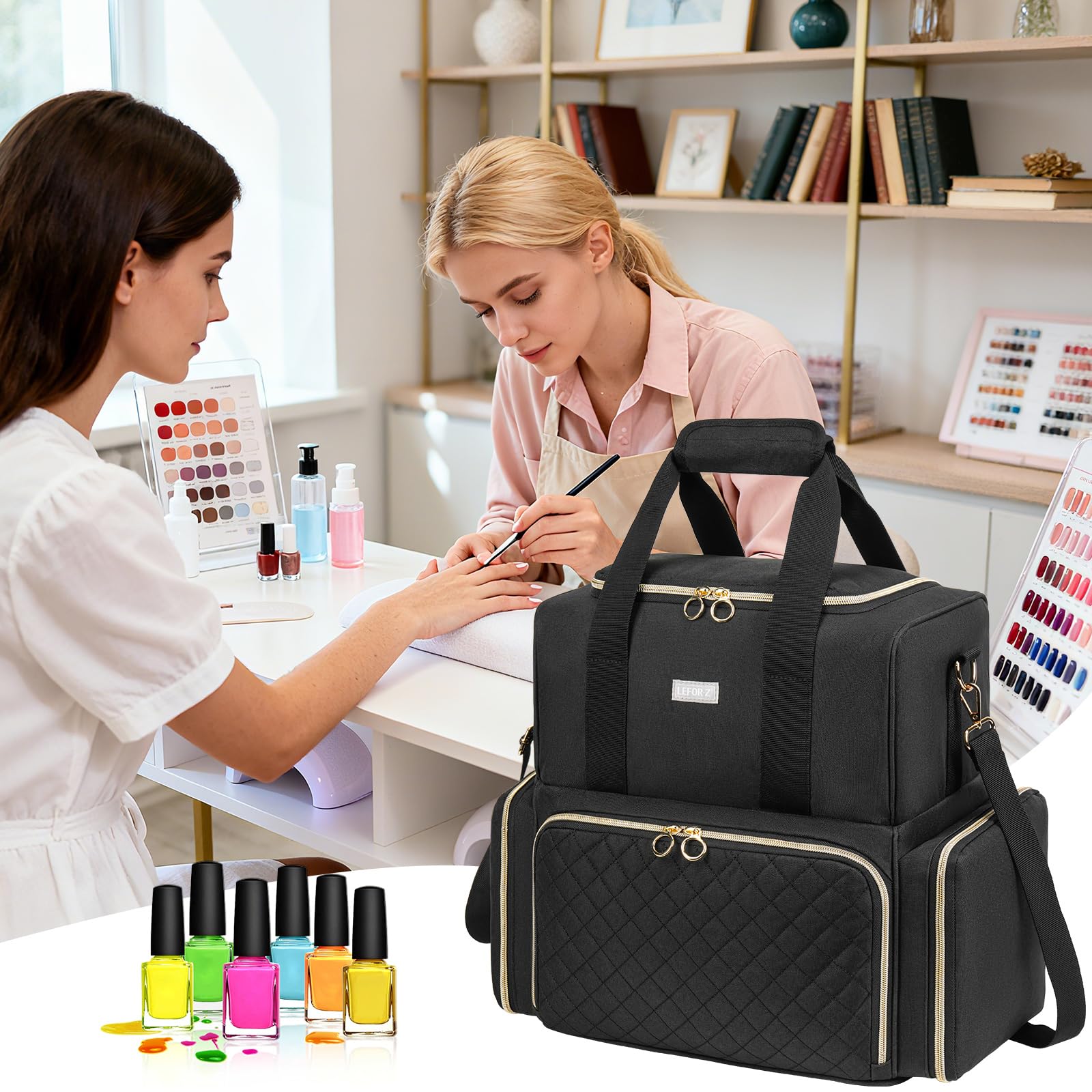 Nagellack Tasche Doppelschichtige Aufbewahrung Organizer für 80 Flaschen 15 ml Nagellampe Schwarz
