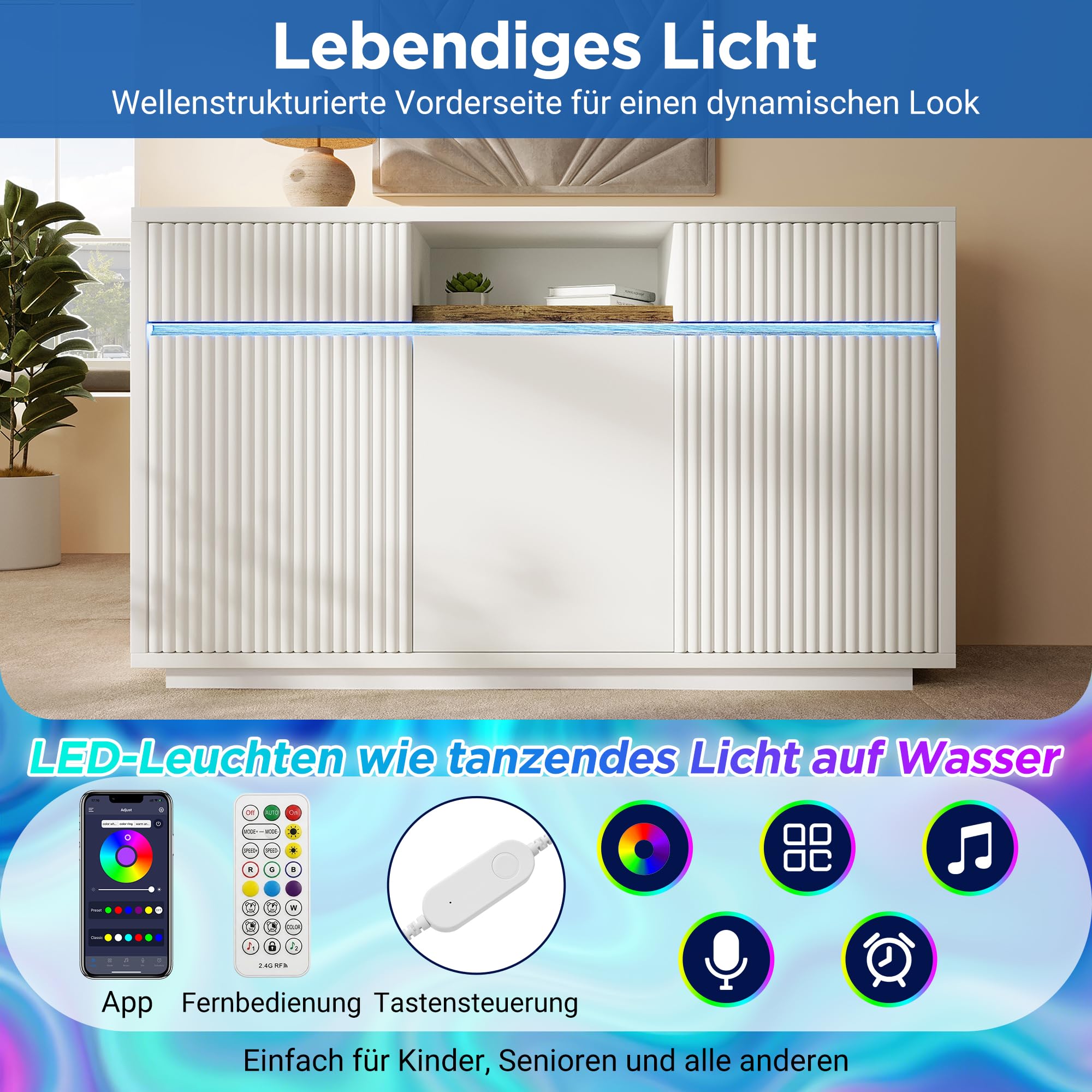 Generisch Kredens biały LED 140 x 40 x 85 cm z 2 szufladami, 3 drzwi